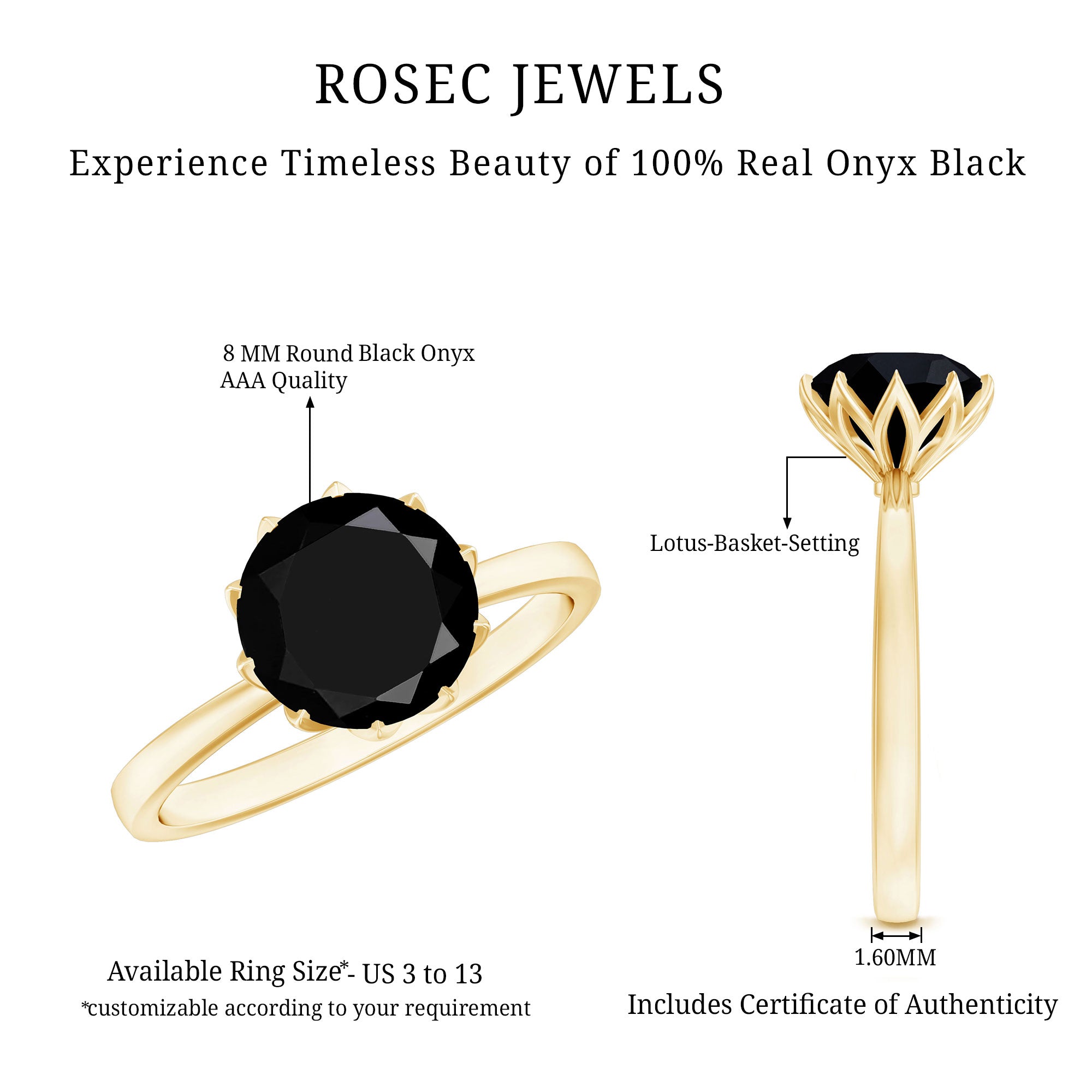 Lotus Basket Set Solitaire Black Onyx Engagement Ring for Women AAA - Rosec Jewels