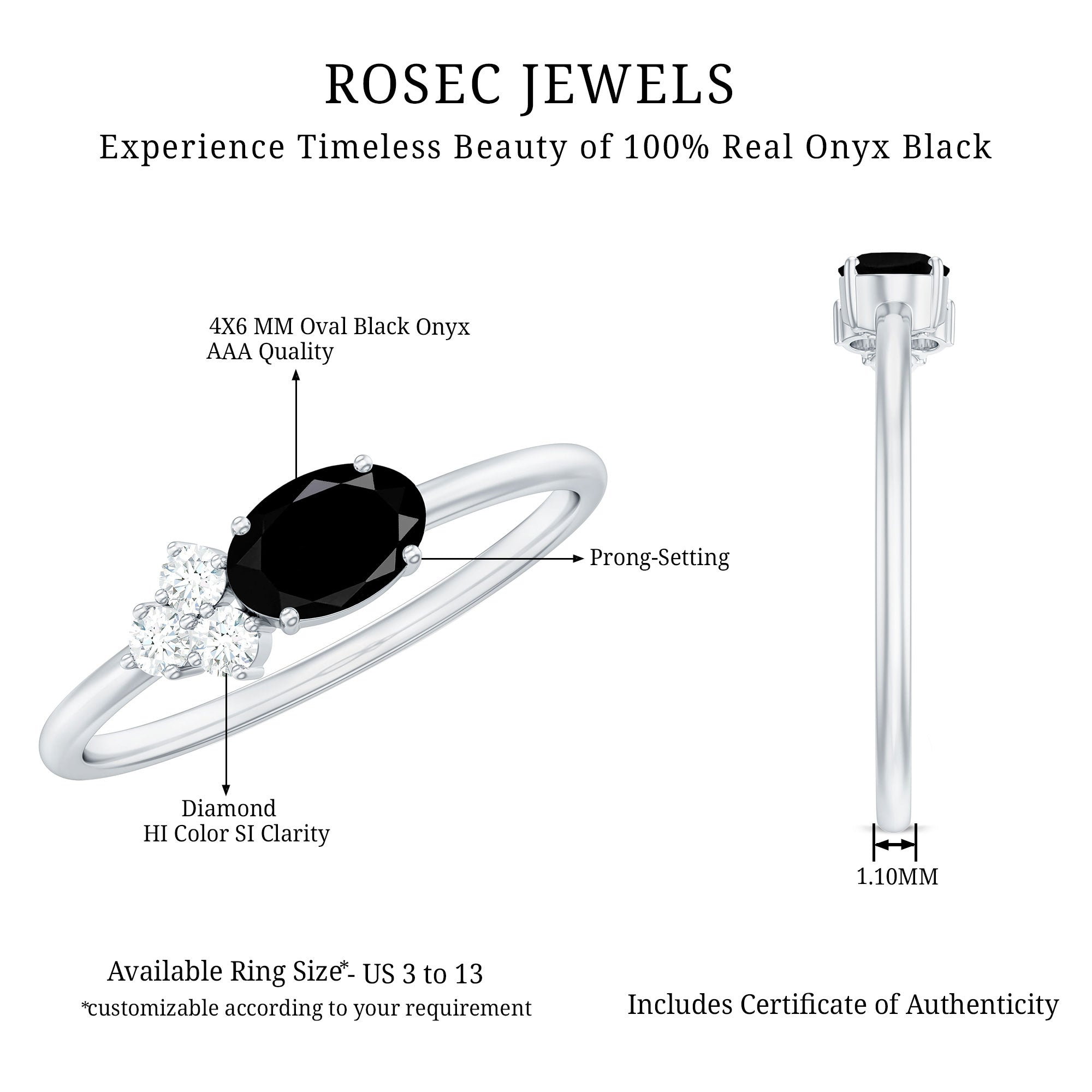 4x6mm Oval Cut Black Onyx Minimal Promise Ring with Diamond Trio AAA - Rosec Jewels