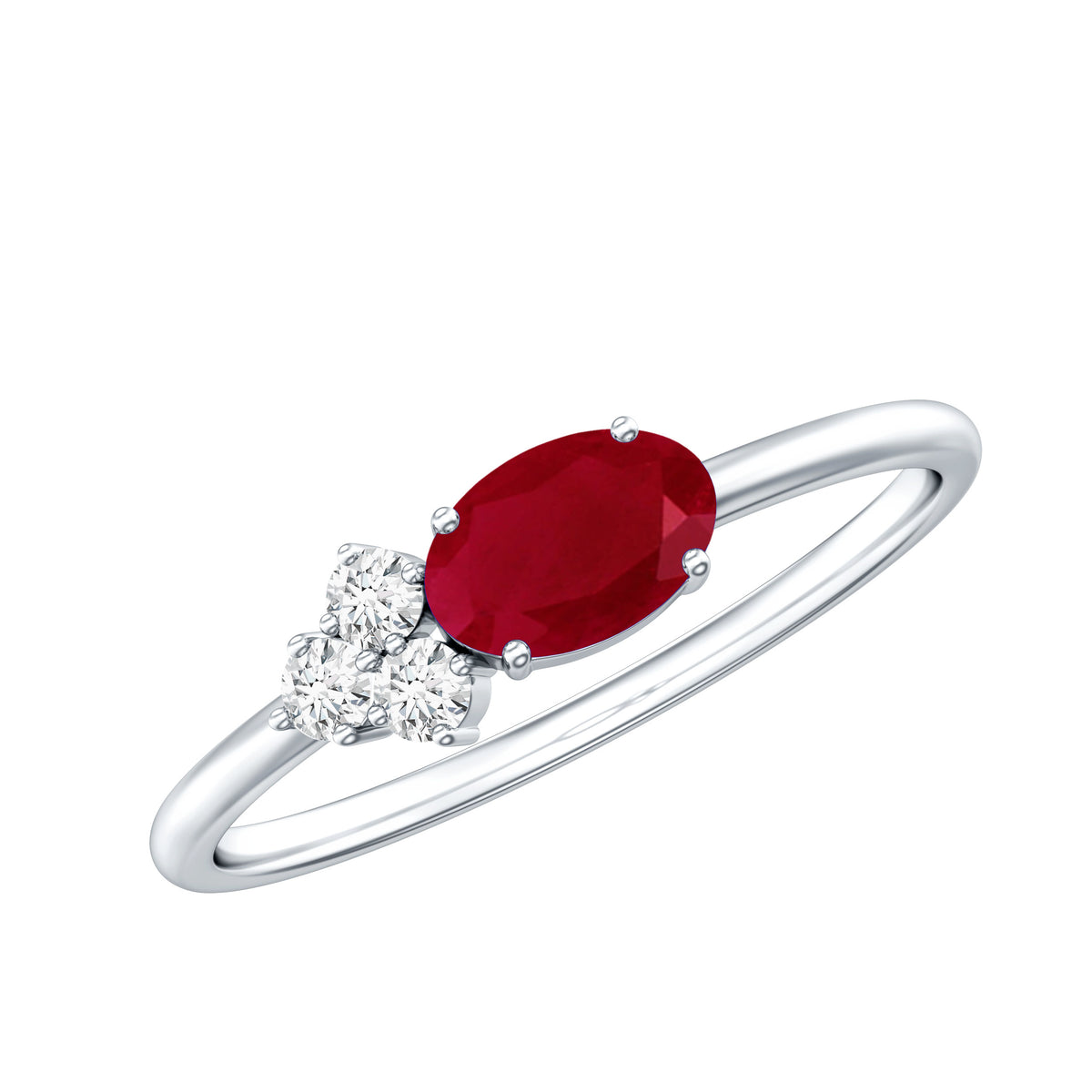 East West Style 0.6 Carat Oval Ruby Promise Ring with Diamond Trio AAA - Rosec Jewels