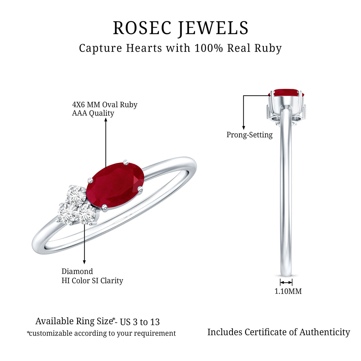 East West Style 0.6 Carat Oval Ruby Promise Ring with Diamond Trio AAA - Rosec Jewels