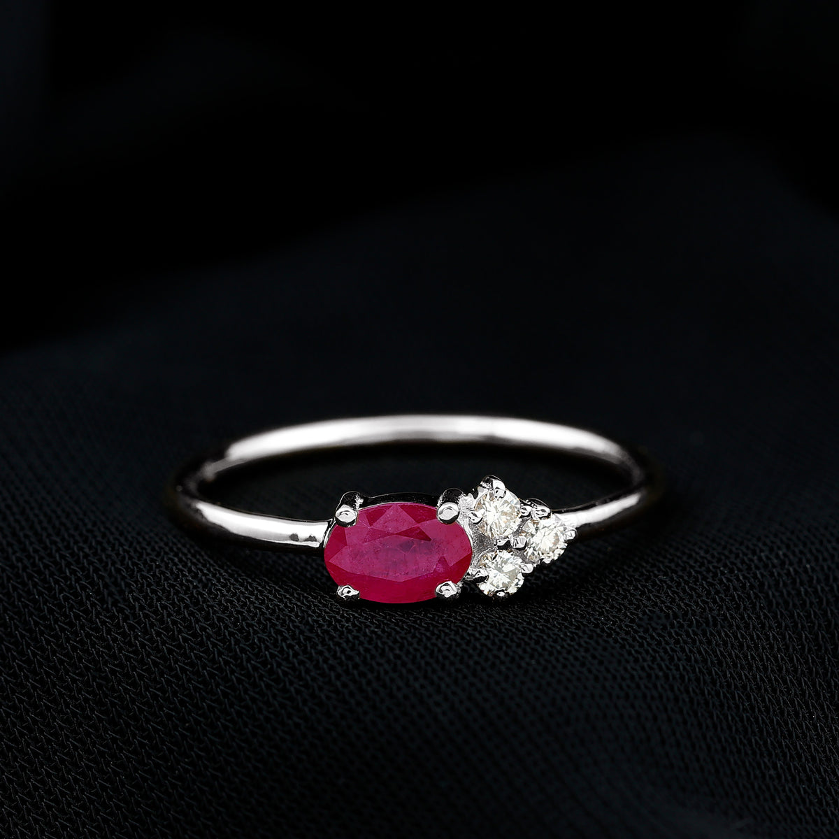 East West Style 0.6 Carat Oval Ruby Promise Ring with Diamond Trio AAA - Rosec Jewels