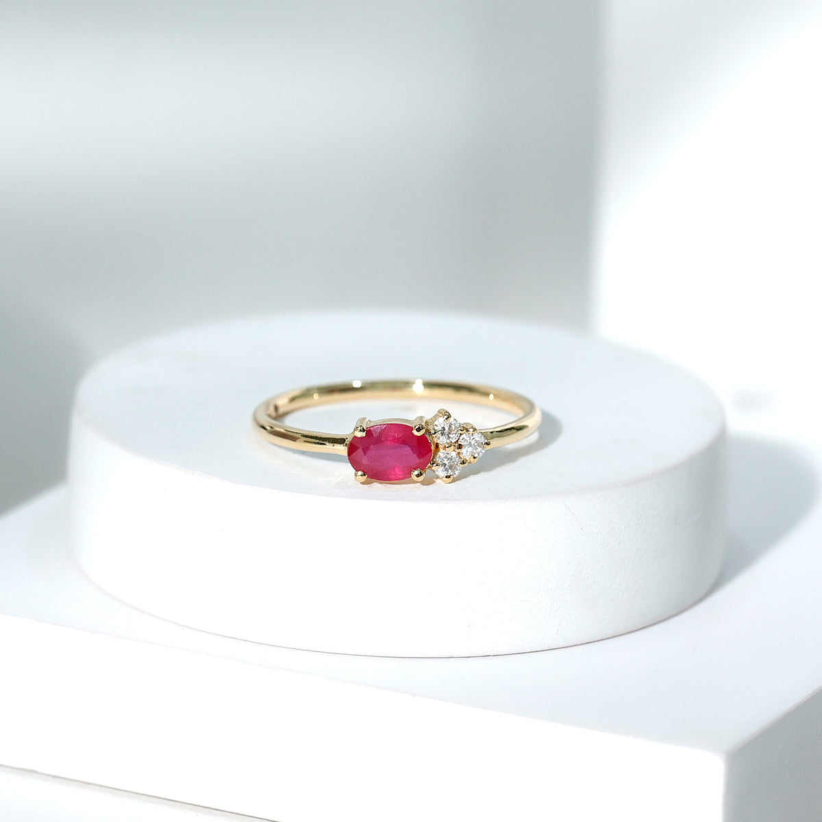 East West Style 0.6 Carat Oval Ruby Promise Ring with Diamond Trio AAA - Rosec Jewels