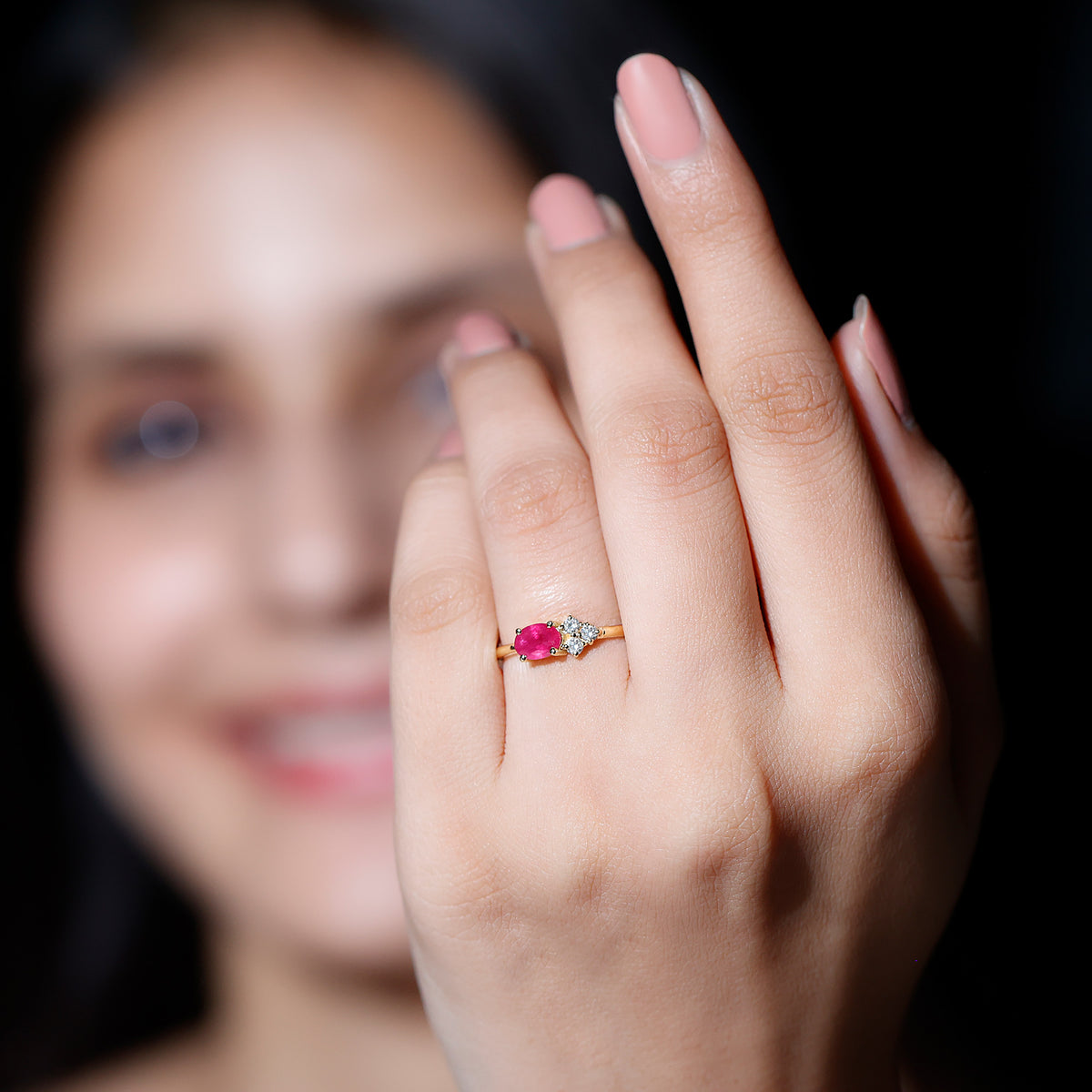 East West Style 0.6 Carat Oval Ruby Promise Ring with Diamond Trio AAA - Rosec Jewels
