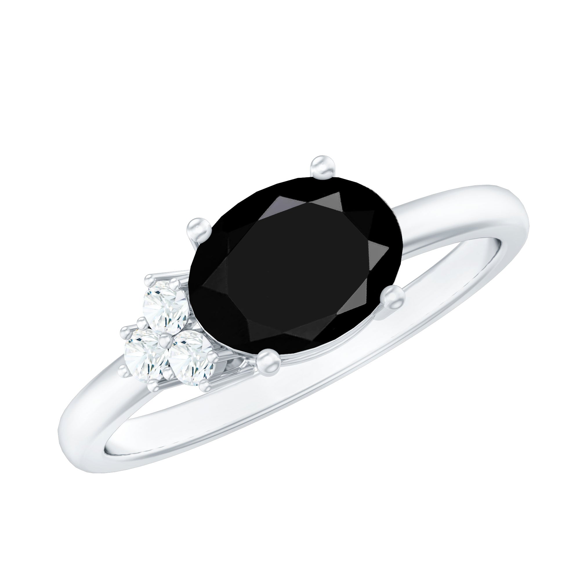 Oval Cut Created Black Diamond Minimal Ring with Diamond Trio