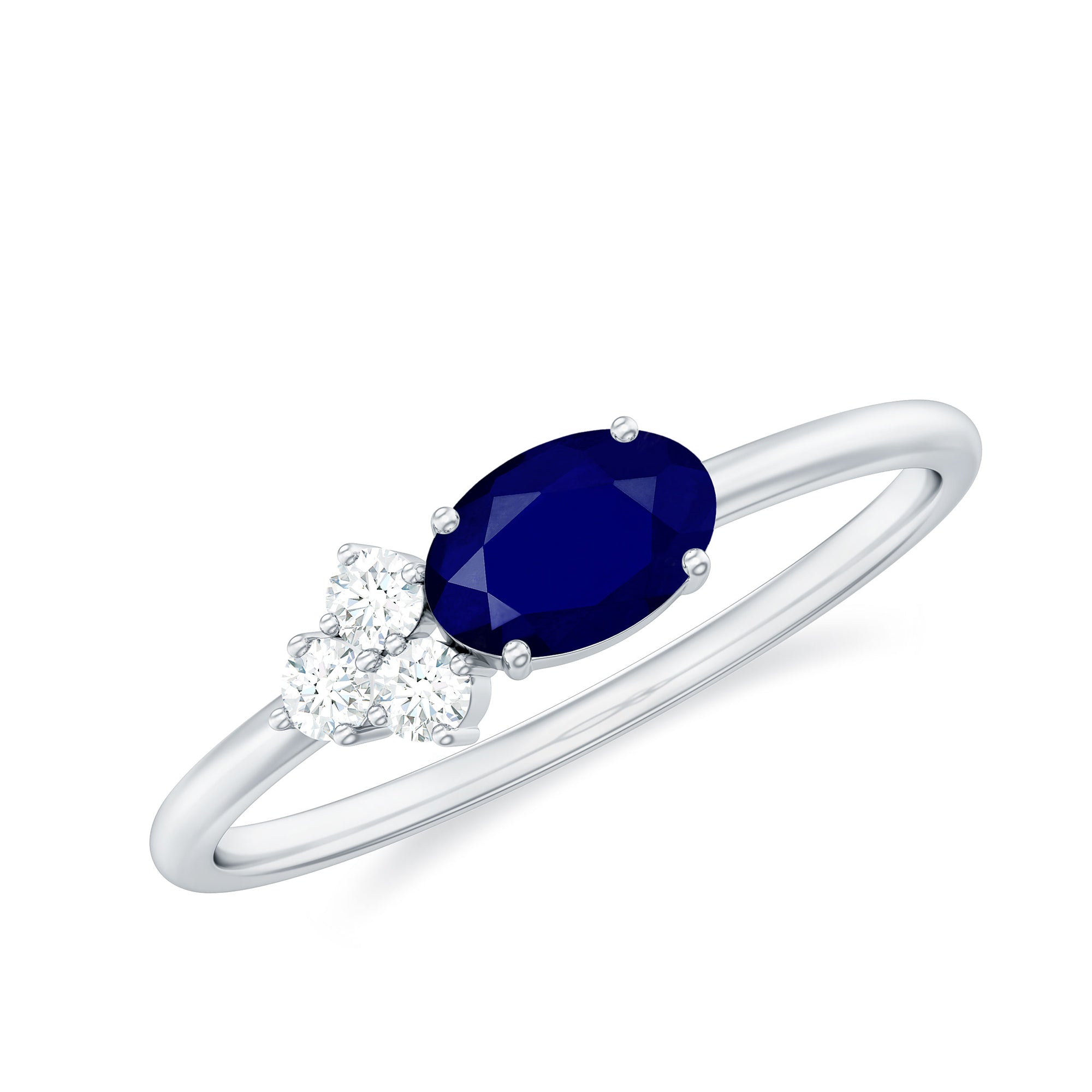 3/4 CT Oval Cut Blue Sapphire Promise Ring with Diamond Trio