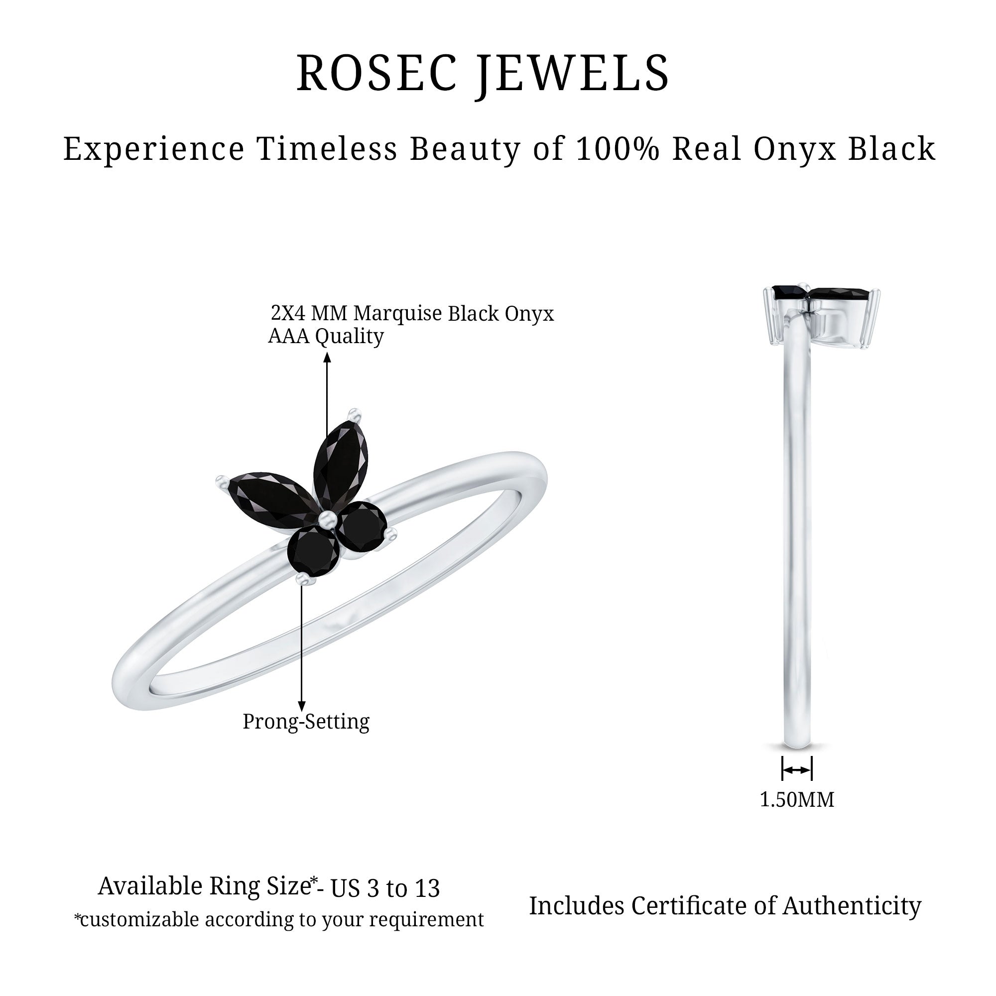 Genuine Black Onyx Butterfly Promise Ring AAA - Rosec Jewels