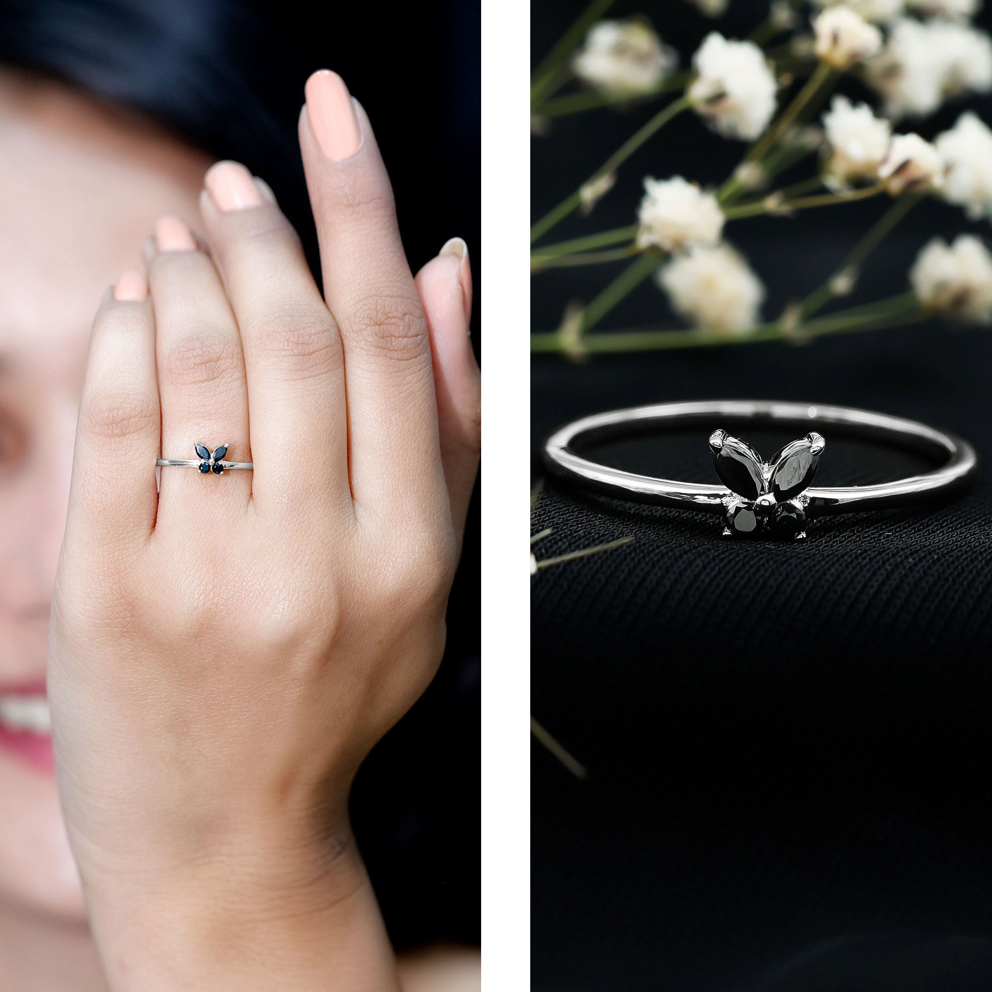 Genuine Black Onyx Butterfly Promise Ring AAA - Rosec Jewels