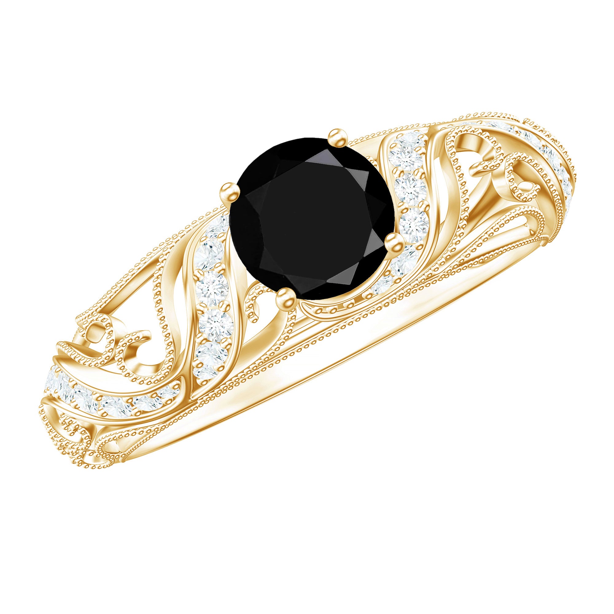 Vintage Looking Black Spinel Engagement Ring with Diamond AAA - Rosec Jewels