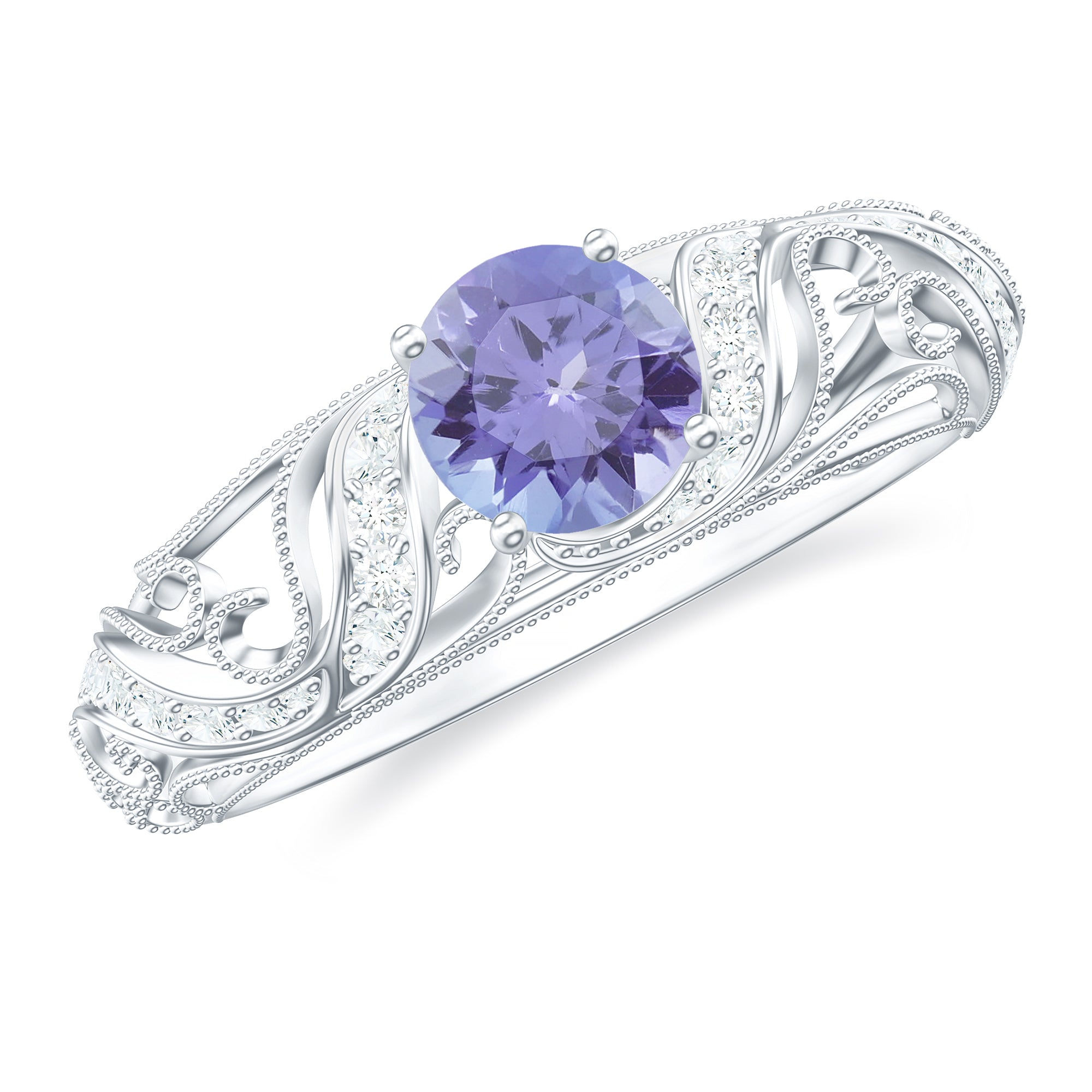 Round Tanzanite Vintage Inspired Engagement Ring with Diamond AAA - Rosec Jewels