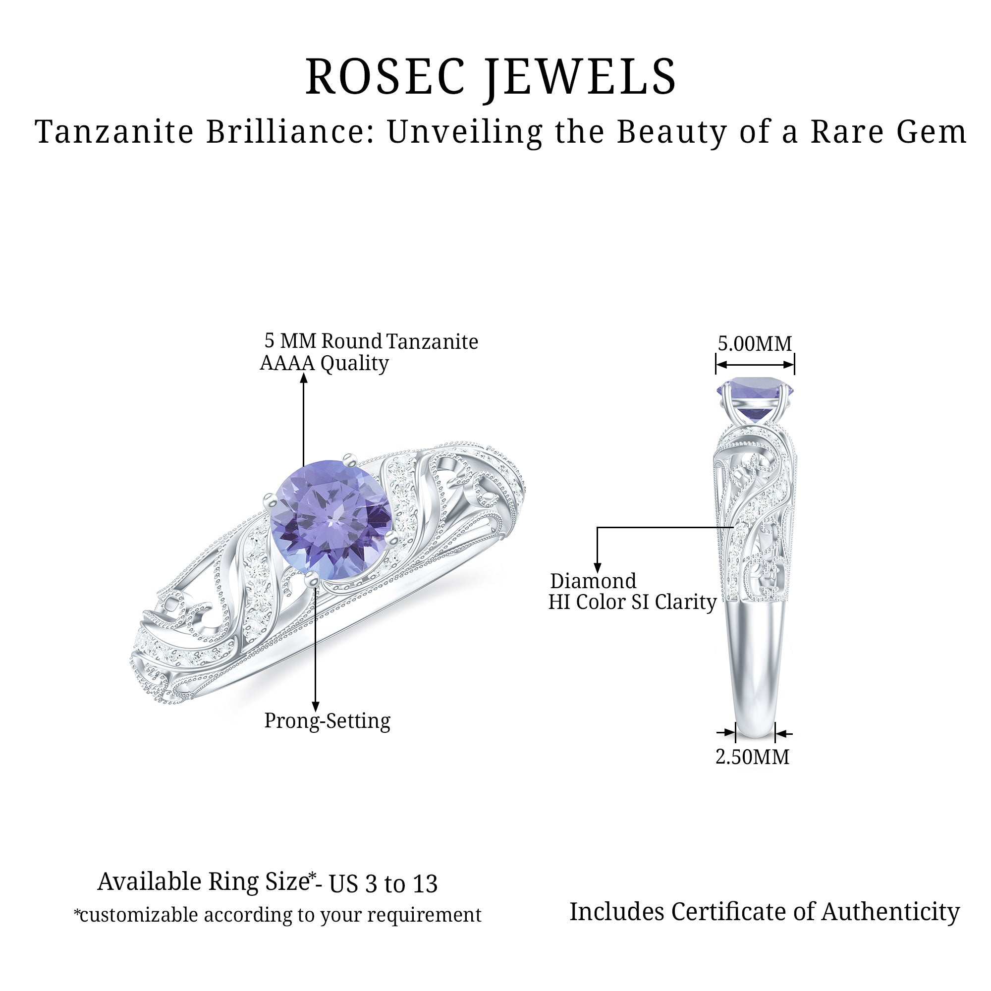 Round Tanzanite Vintage Inspired Engagement Ring with Diamond AAA - Rosec Jewels