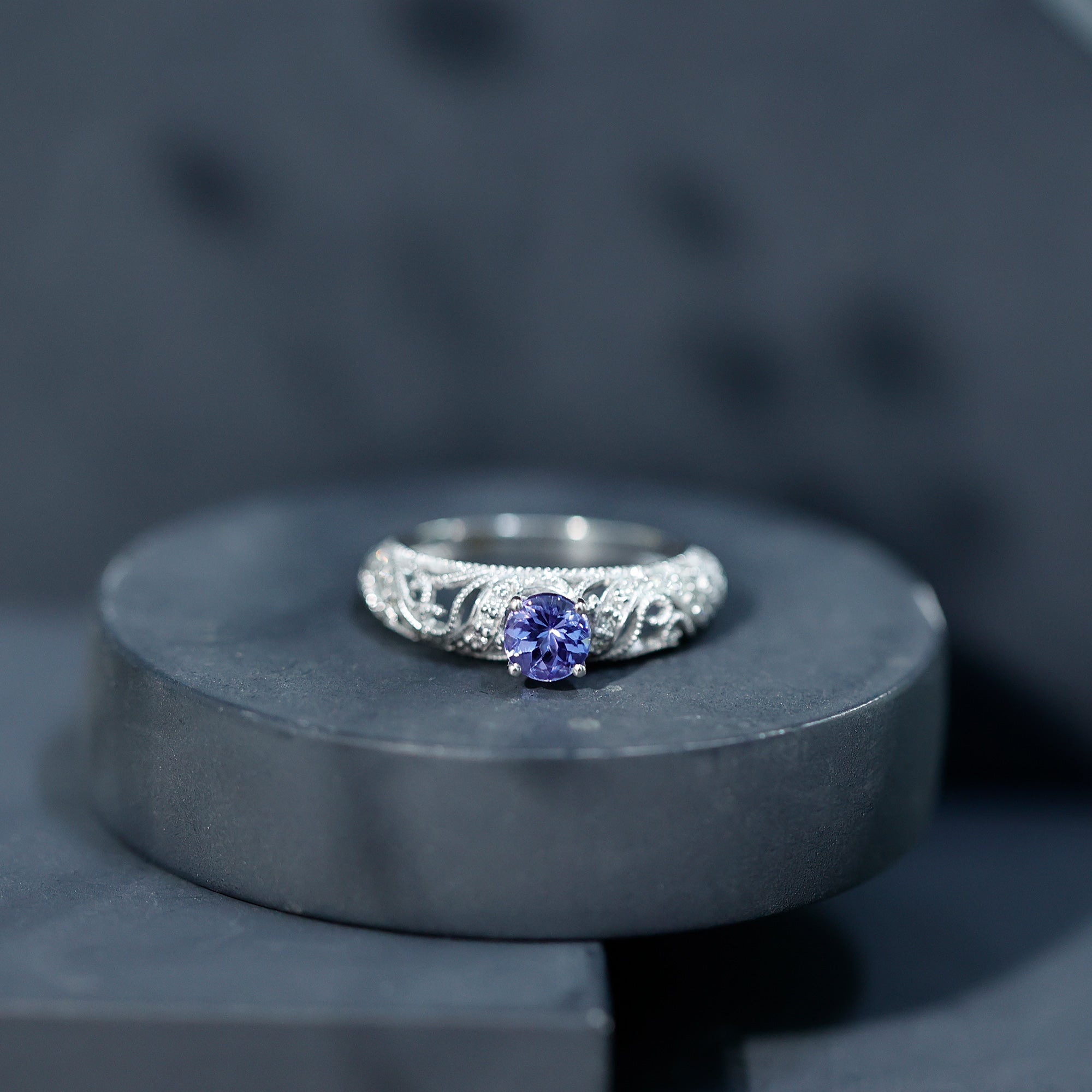 Round Tanzanite Vintage Inspired Engagement Ring with Diamond AAA - Rosec Jewels