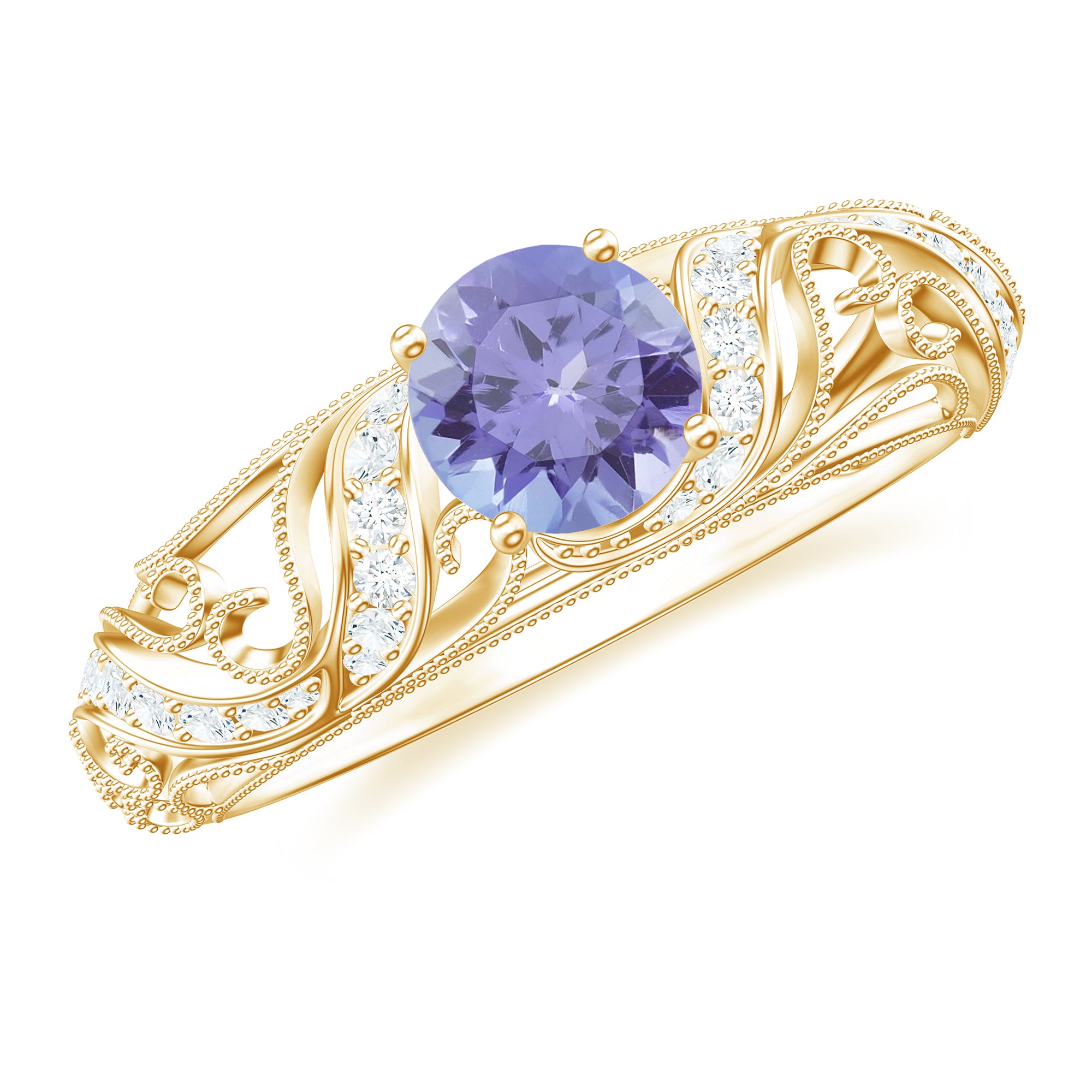 Round Tanzanite Vintage Inspired Engagement Ring with Diamond AAA - Rosec Jewels