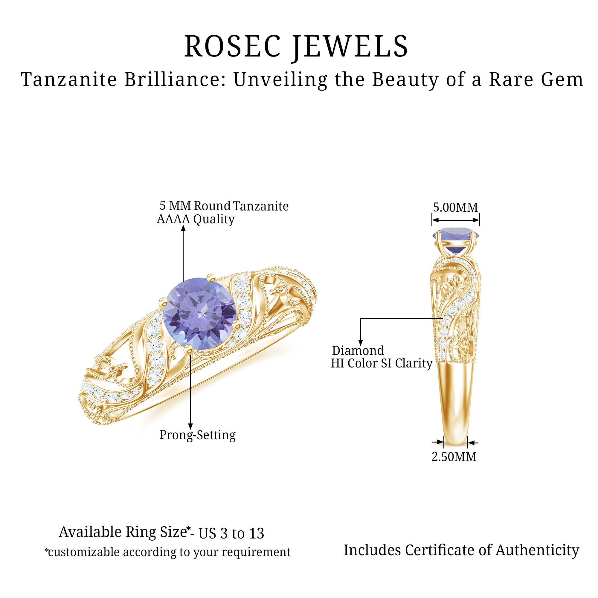 Round Tanzanite Vintage Inspired Engagement Ring with Diamond AAA - Rosec Jewels