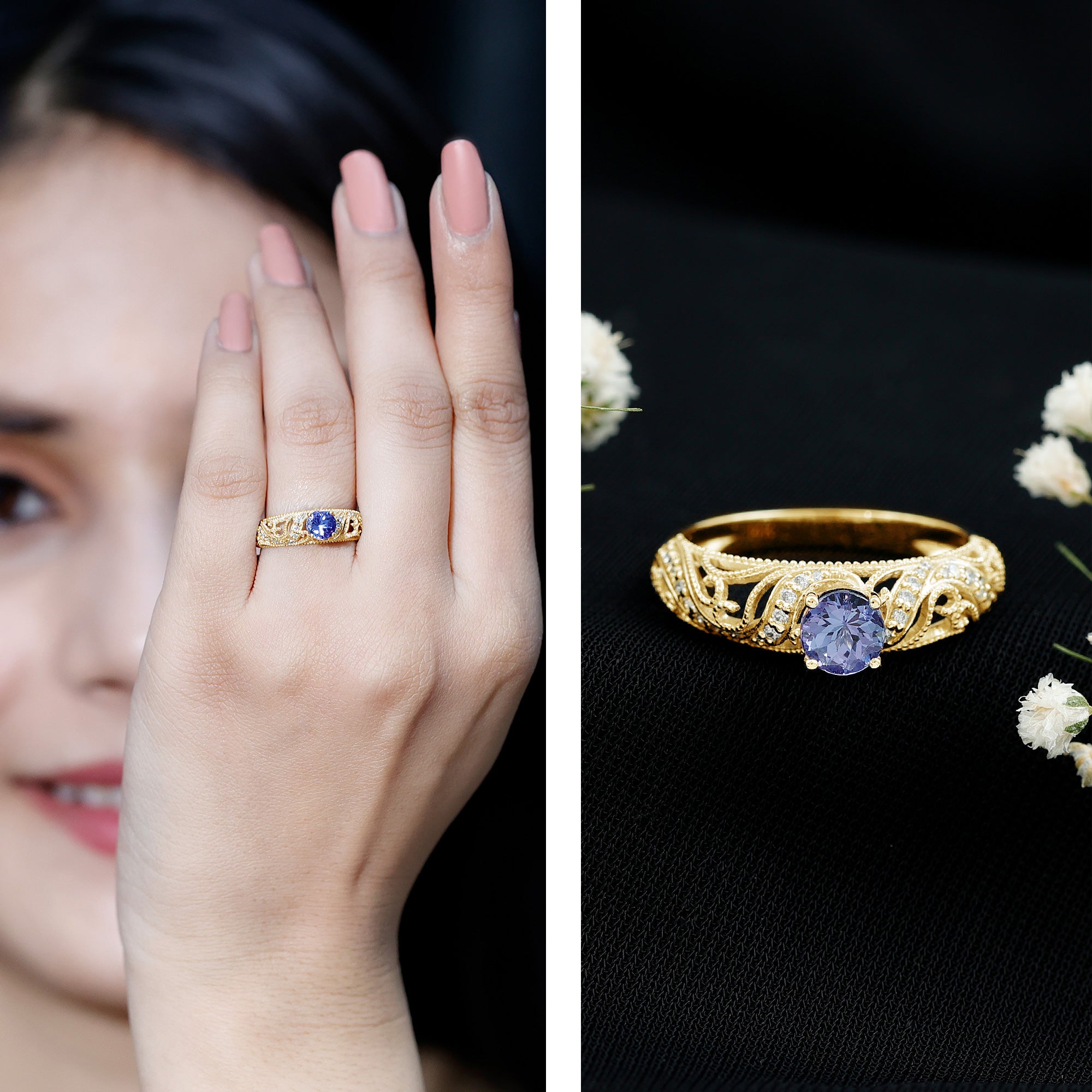 Round Tanzanite Vintage Inspired Engagement Ring with Diamond AAA - Rosec Jewels