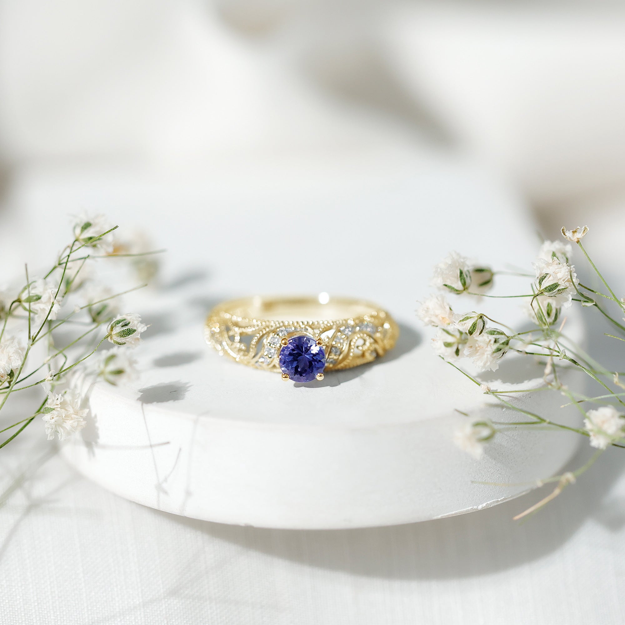 Round Tanzanite Vintage Inspired Engagement Ring with Diamond AAA - Rosec Jewels