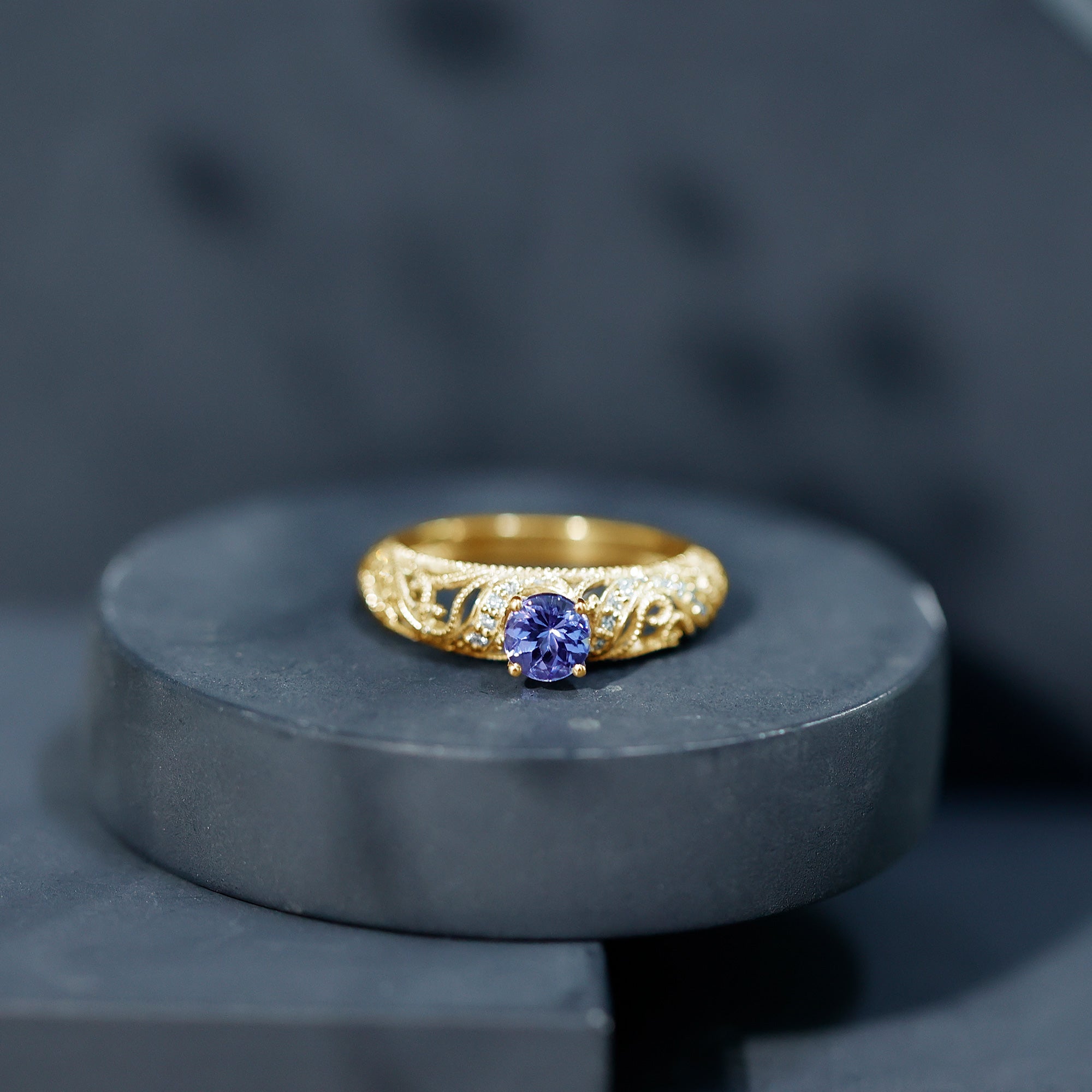 Round Tanzanite Vintage Inspired Engagement Ring with Diamond AAA - Rosec Jewels