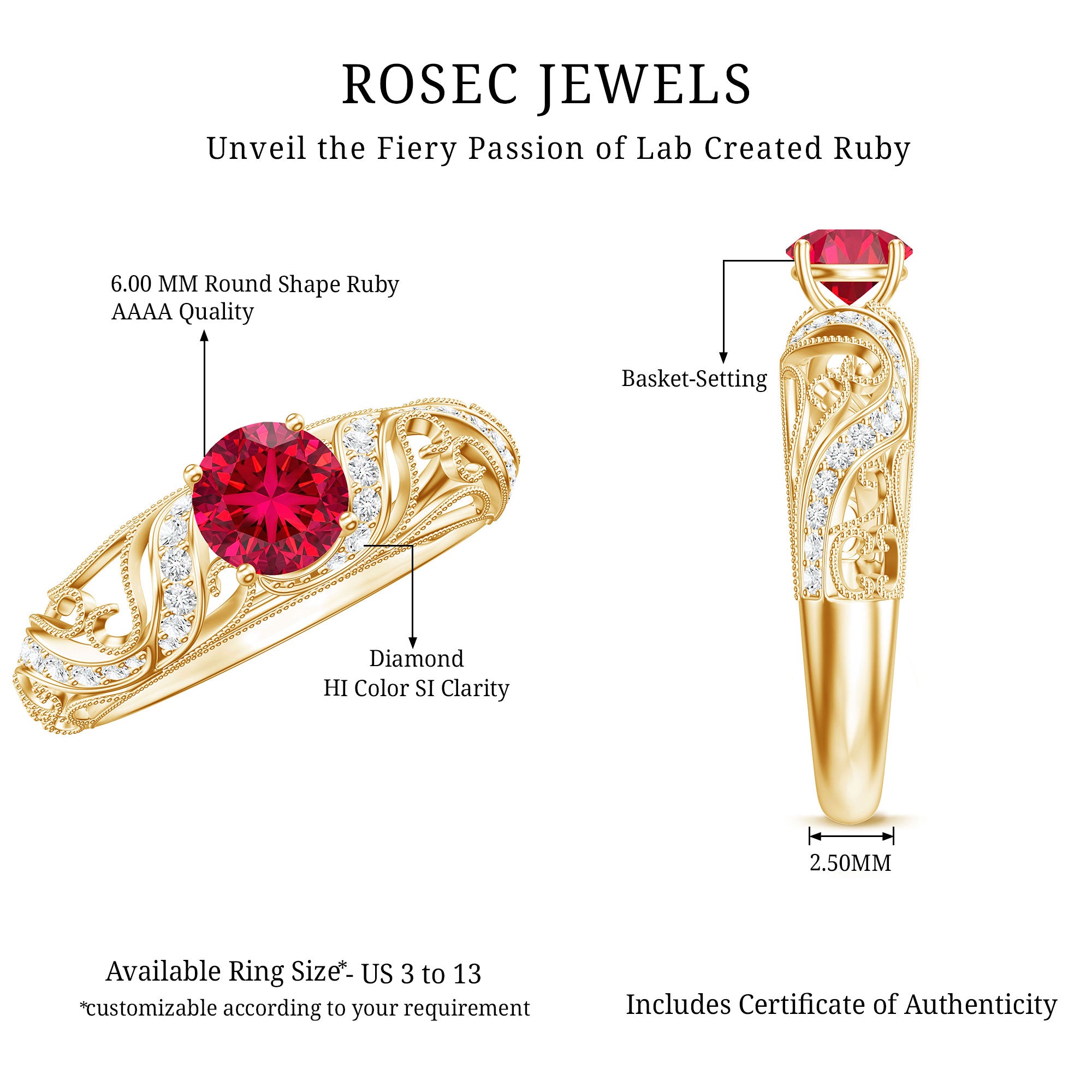 Lab Created Ruby and Diamond Vintage Inspired Engagement Ring AAAA - Rosec Jewels