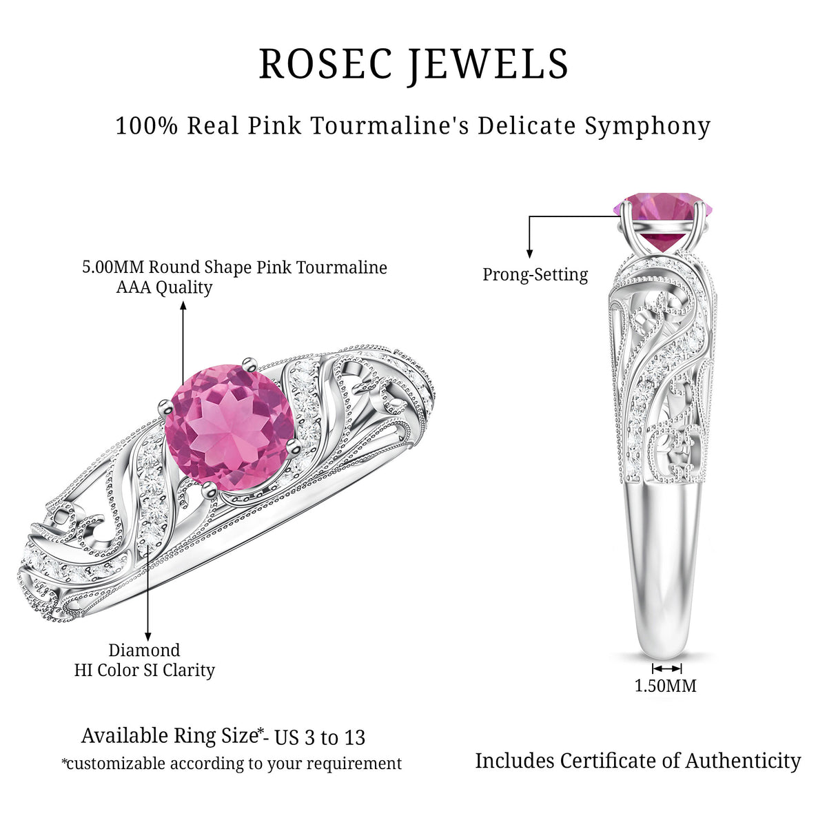 0.4 Carat Vintage Style Pink Tourmaline Engagement Ring with Diamond AAA - Rosec Jewels