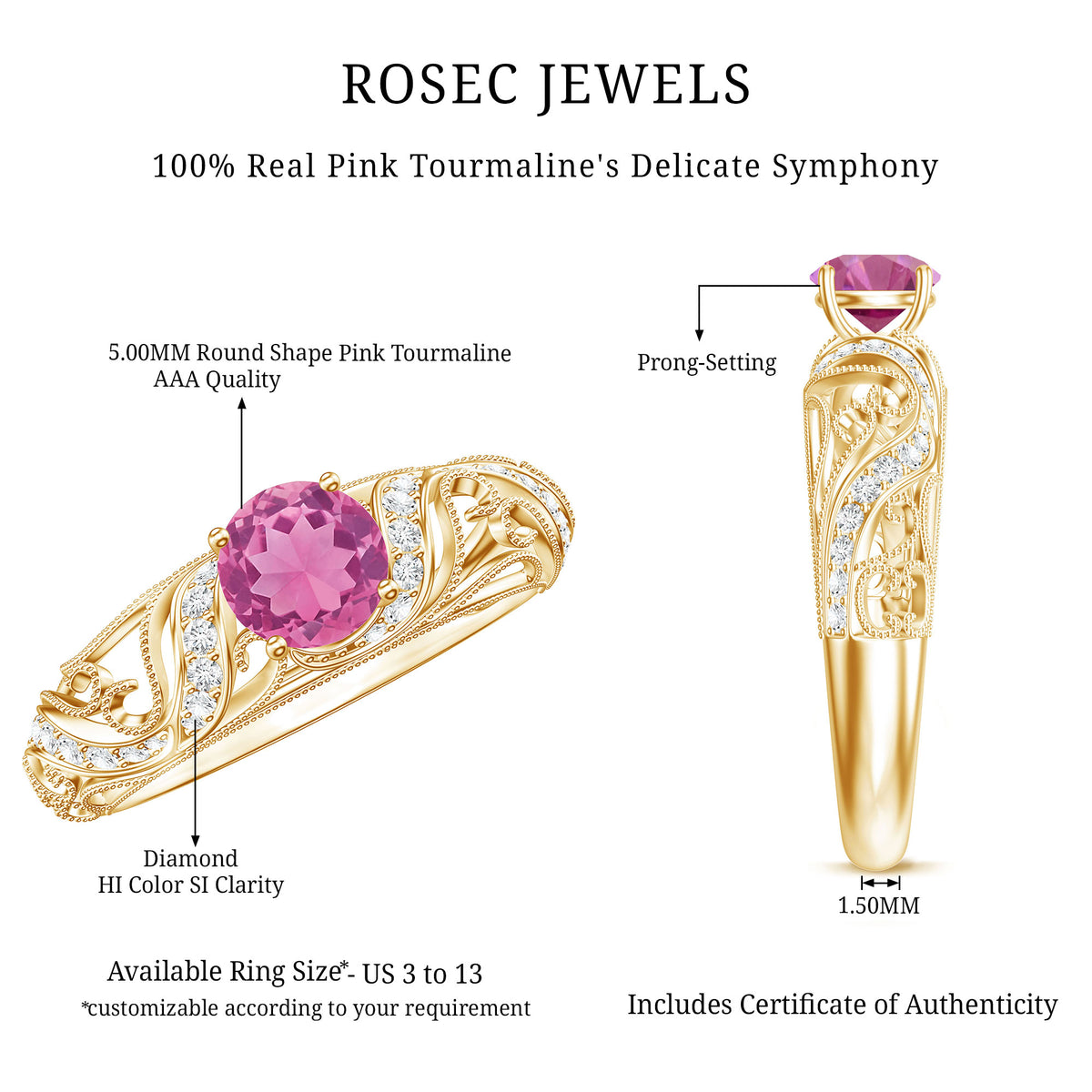 0.4 Carat Vintage Style Pink Tourmaline Engagement Ring with Diamond AAA - Rosec Jewels