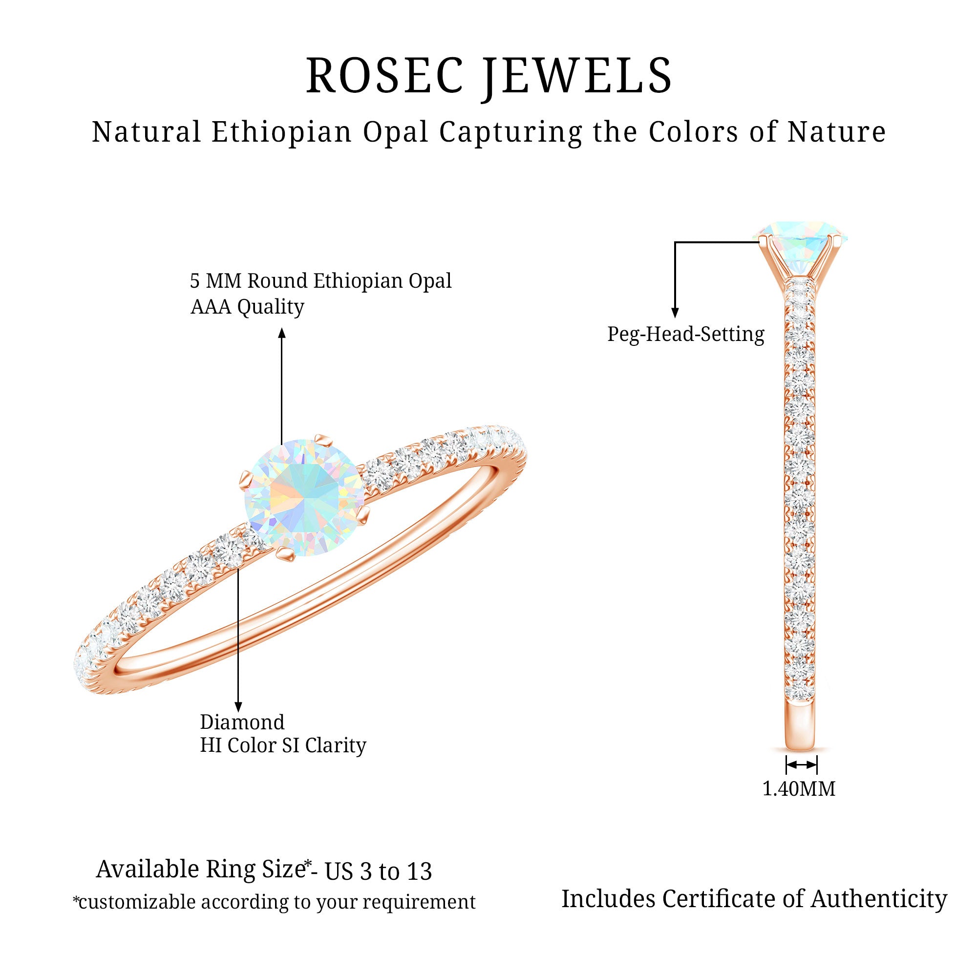 Genuine Ethiopian Opal Promise Ring with Diamond Side Stones AAA - Rosec Jewels