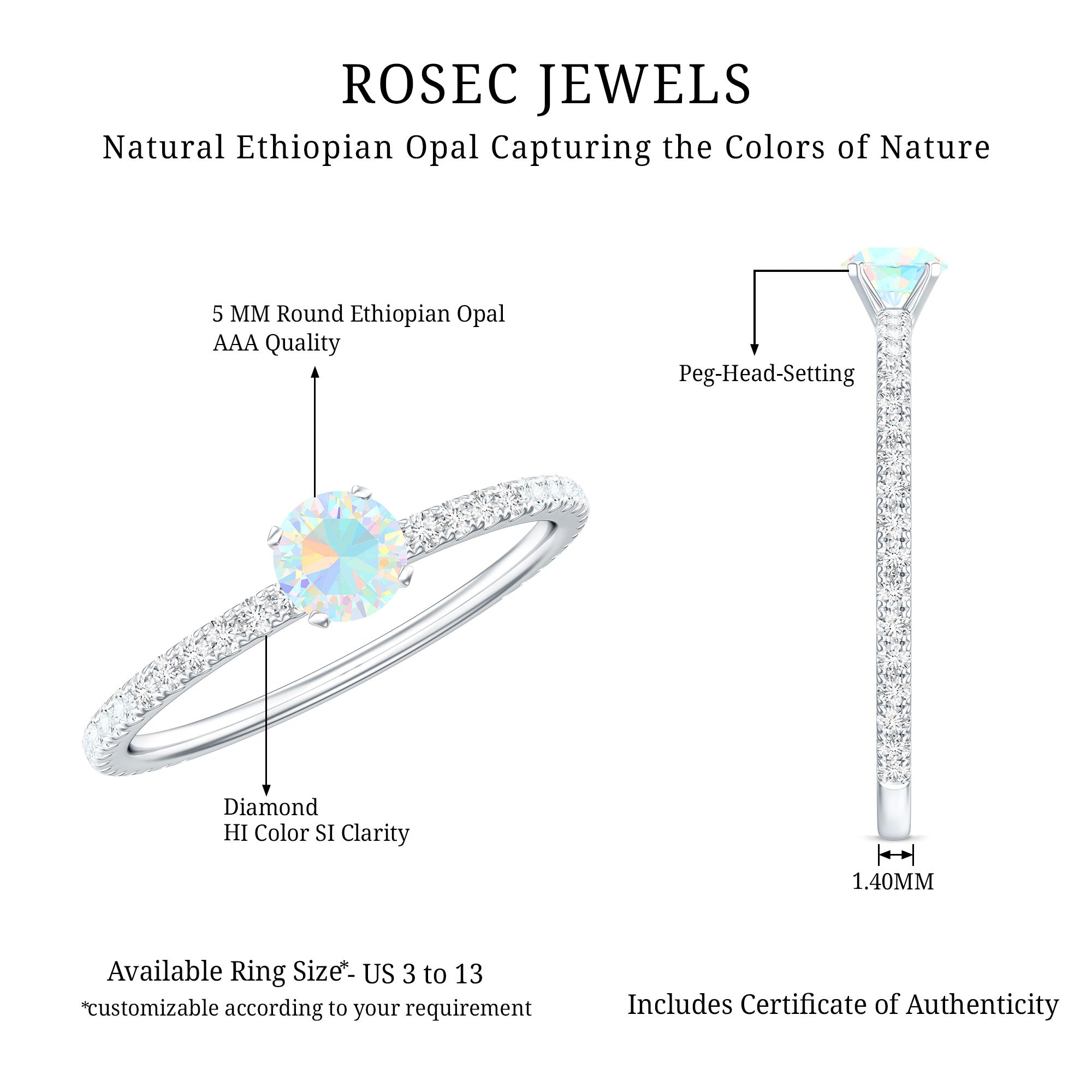 Genuine Ethiopian Opal Promise Ring with Diamond Side Stones AAA - Rosec Jewels