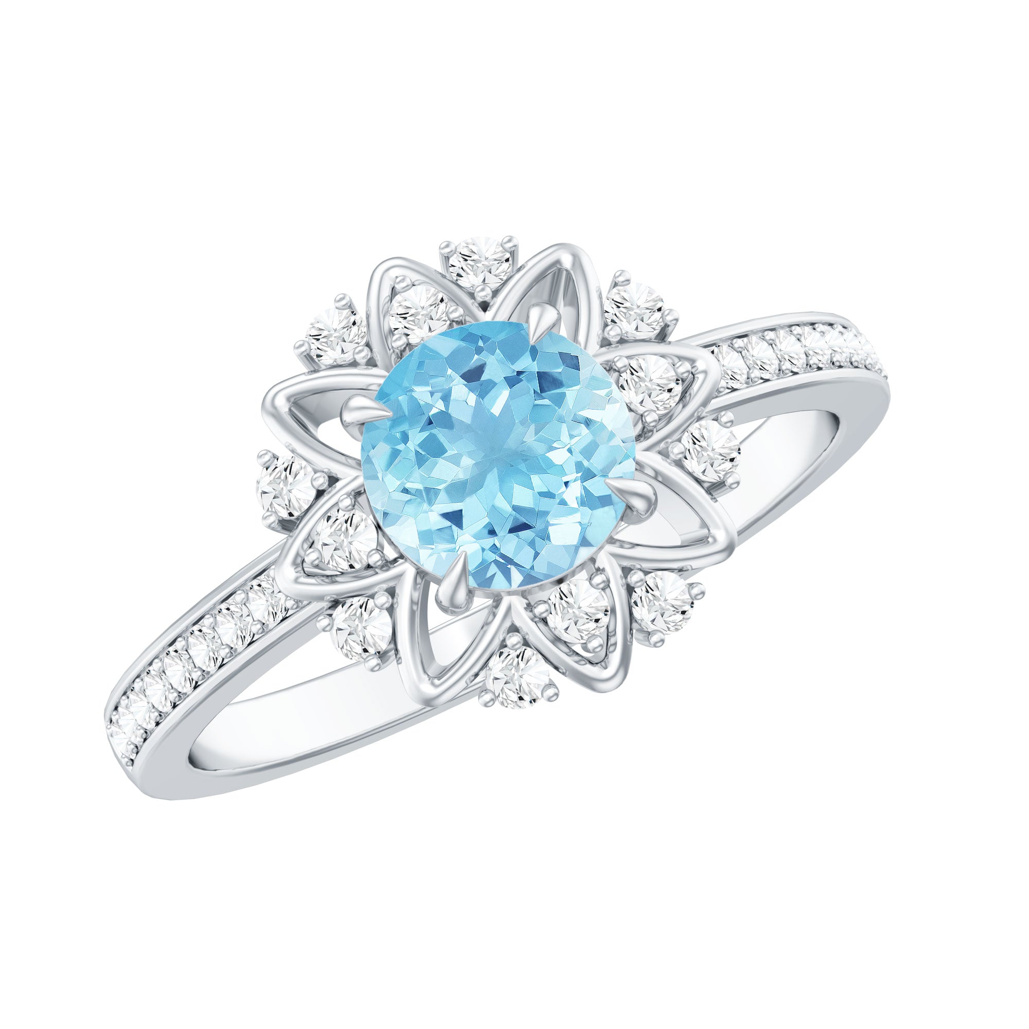 Rosec Jewels-Genuine 0.8 Aquamarine Floral Engagement Ring with Diamond Side Stones