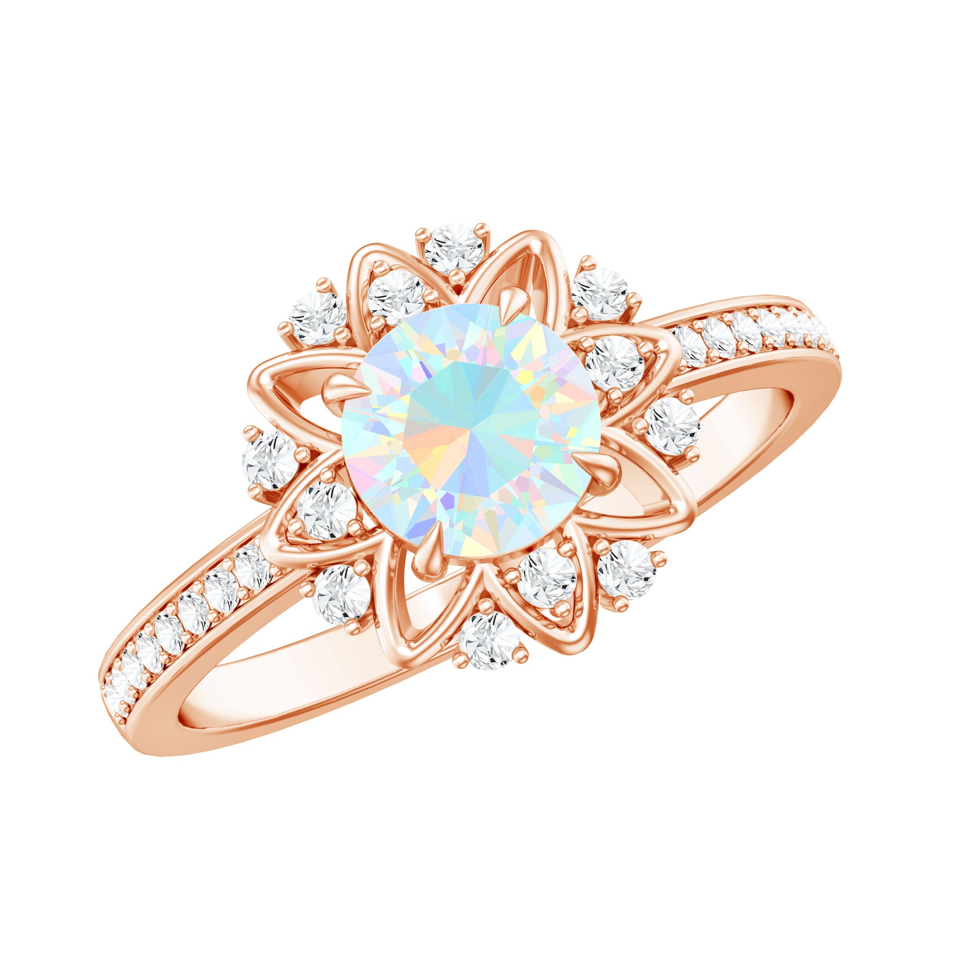 Genuine Ethiopian Opal Flower Engagement Ring with Diamond AAA - Rosec Jewels