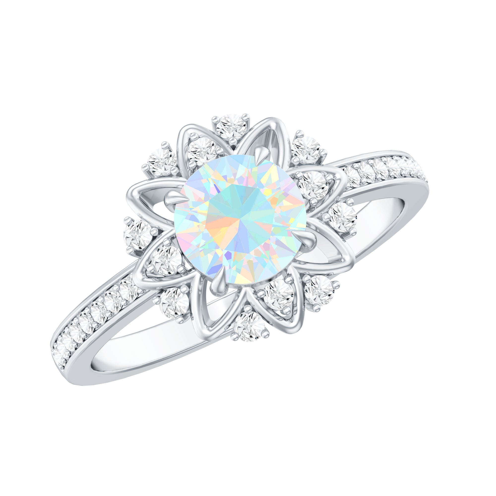 Genuine Ethiopian Opal Flower Engagement Ring with Diamond AAA - Rosec Jewels