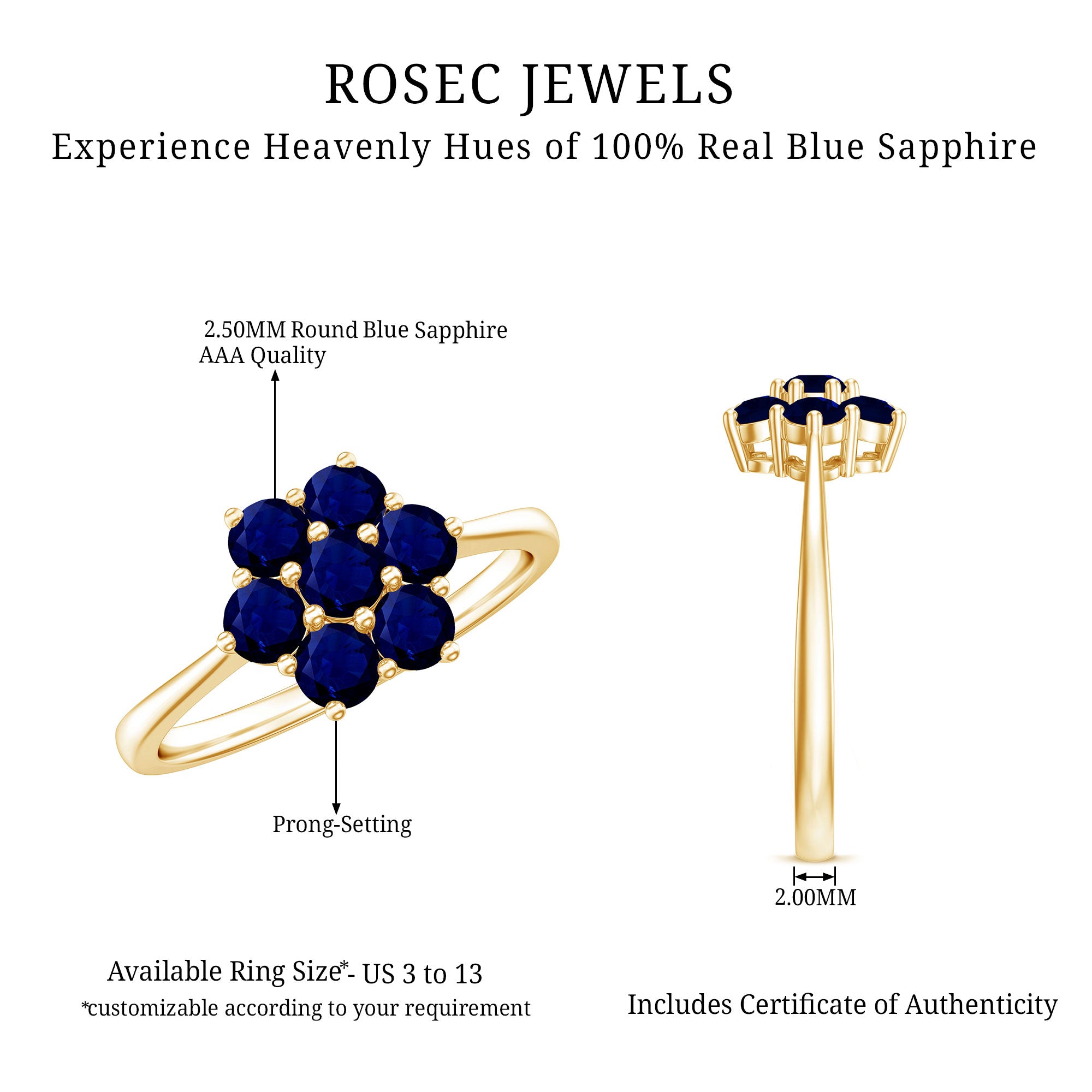 Rosec Jewels-1 CT Round Shape Blue Sapphire Cluster Flower Ring