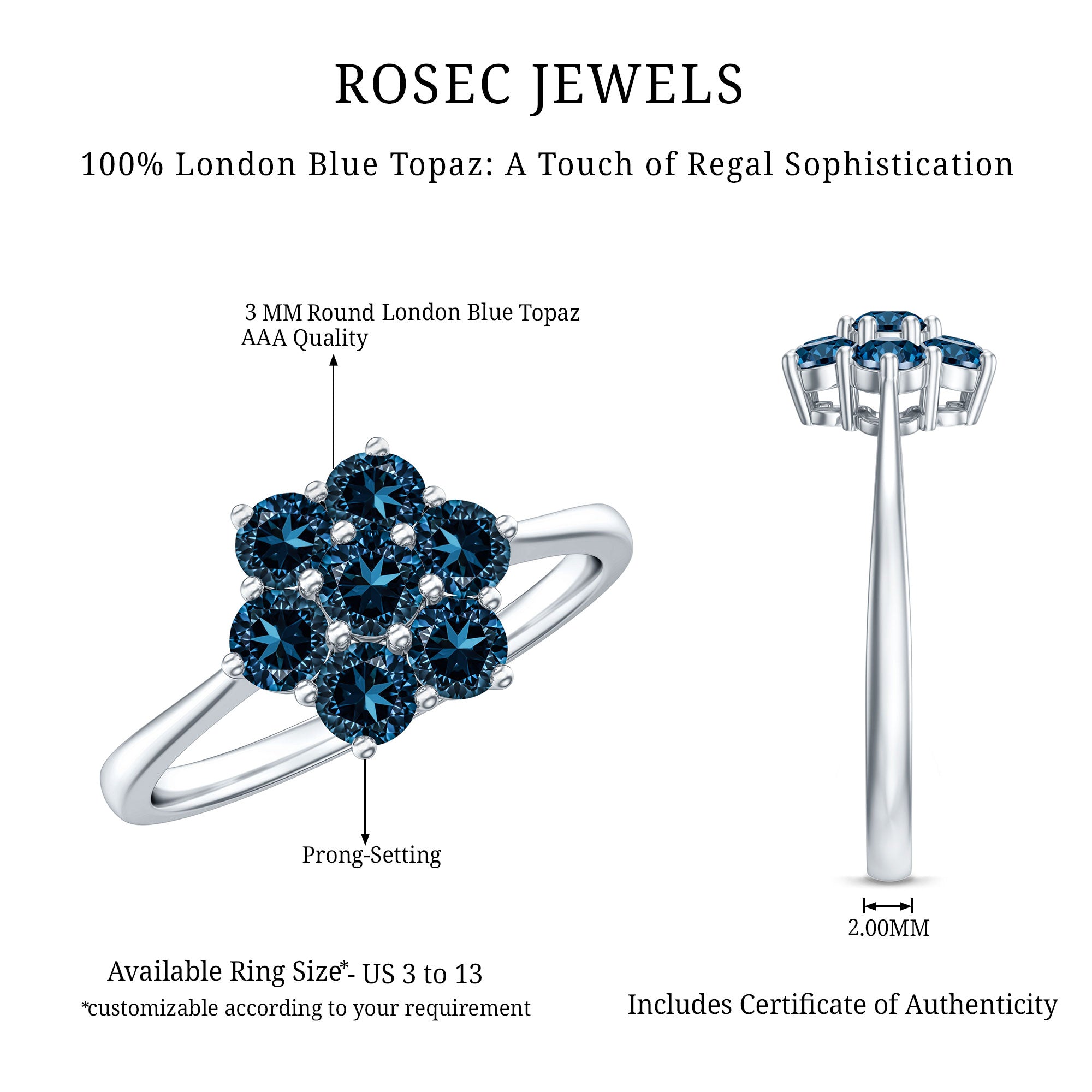 Genuine London Blue Topaz Flower Engagement Ring With Certificate AAA - Rosec Jewels