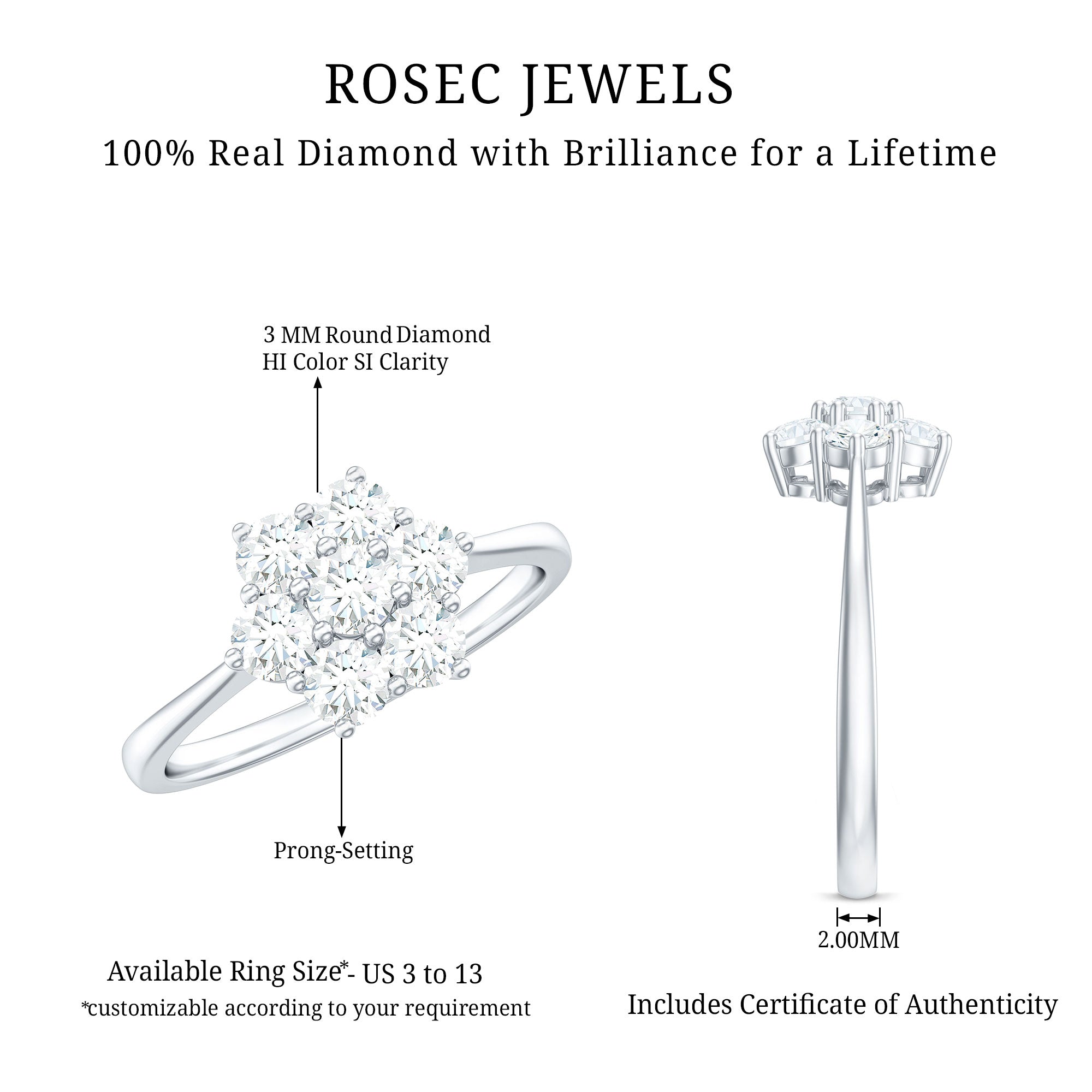 Rosec Jewels-Natural Diamond Flower Cluster Engagement Ring for Women