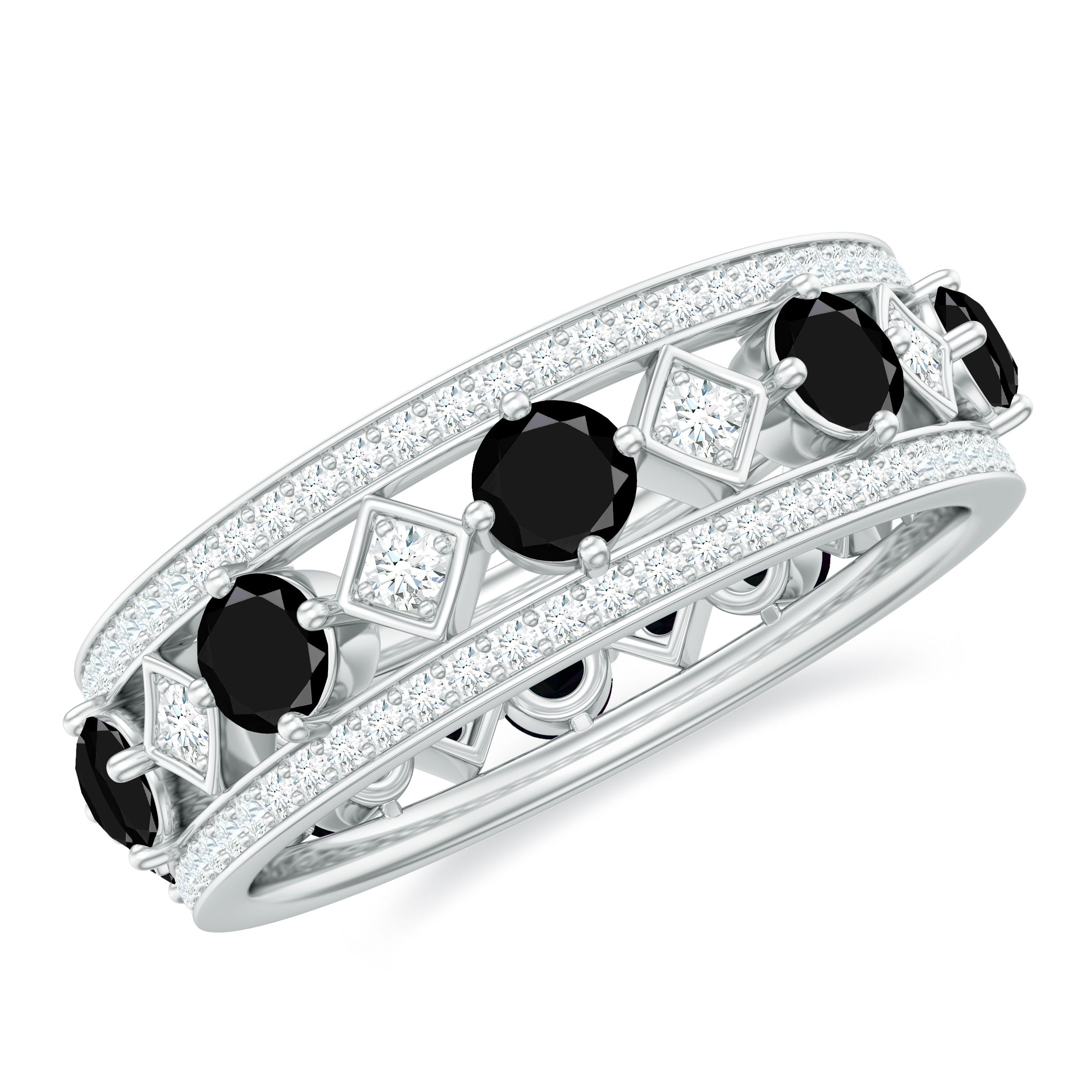 Antique Looking Black Onyx and Moissanite Wide Wedding Band AAA - Rosec Jewels