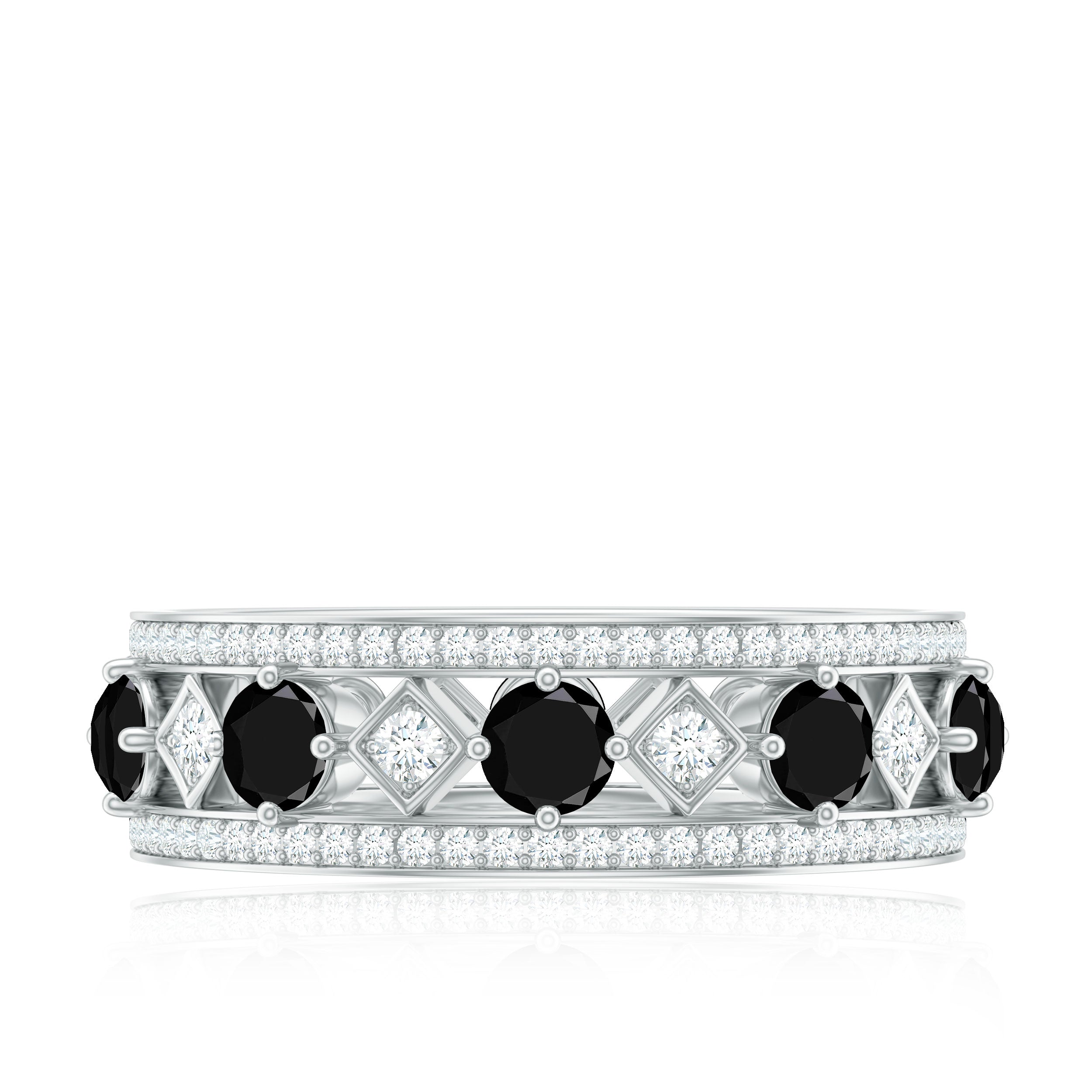 Antique Looking Black Onyx and Moissanite Wide Wedding Band AAA - Rosec Jewels