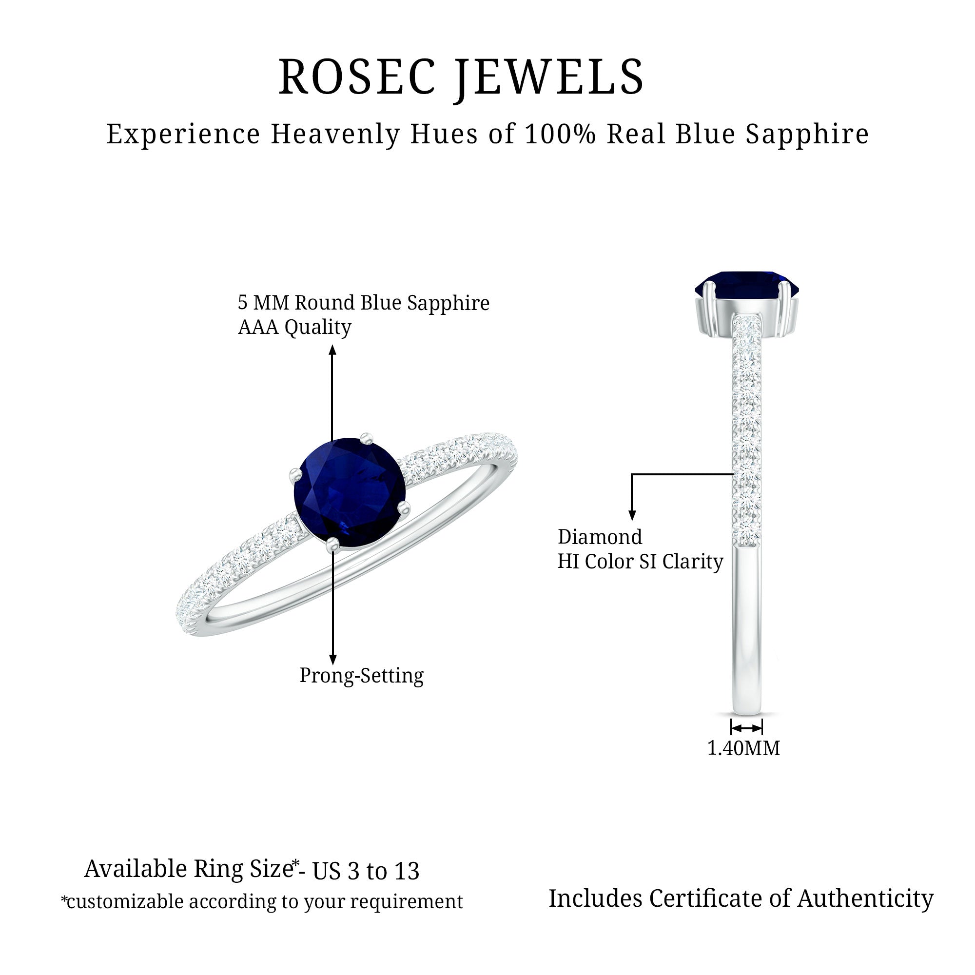 0.95 Carat Round Blue Sapphire Solitaire Ring with Diamond Side Stones AAA - Rosec Jewels