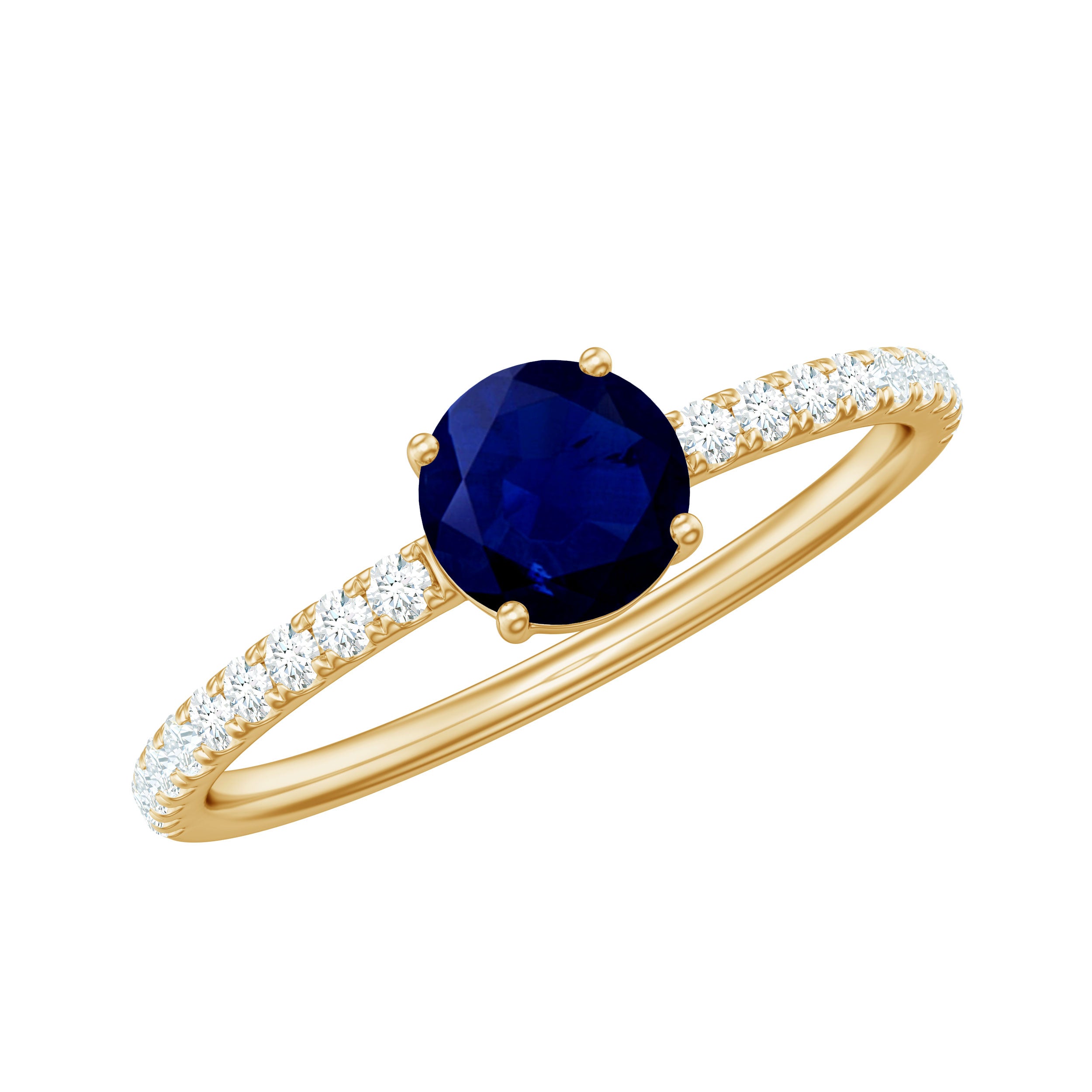 0.95 Carat Round Blue Sapphire Solitaire Ring with Diamond Side Stones AAA - Rosec Jewels