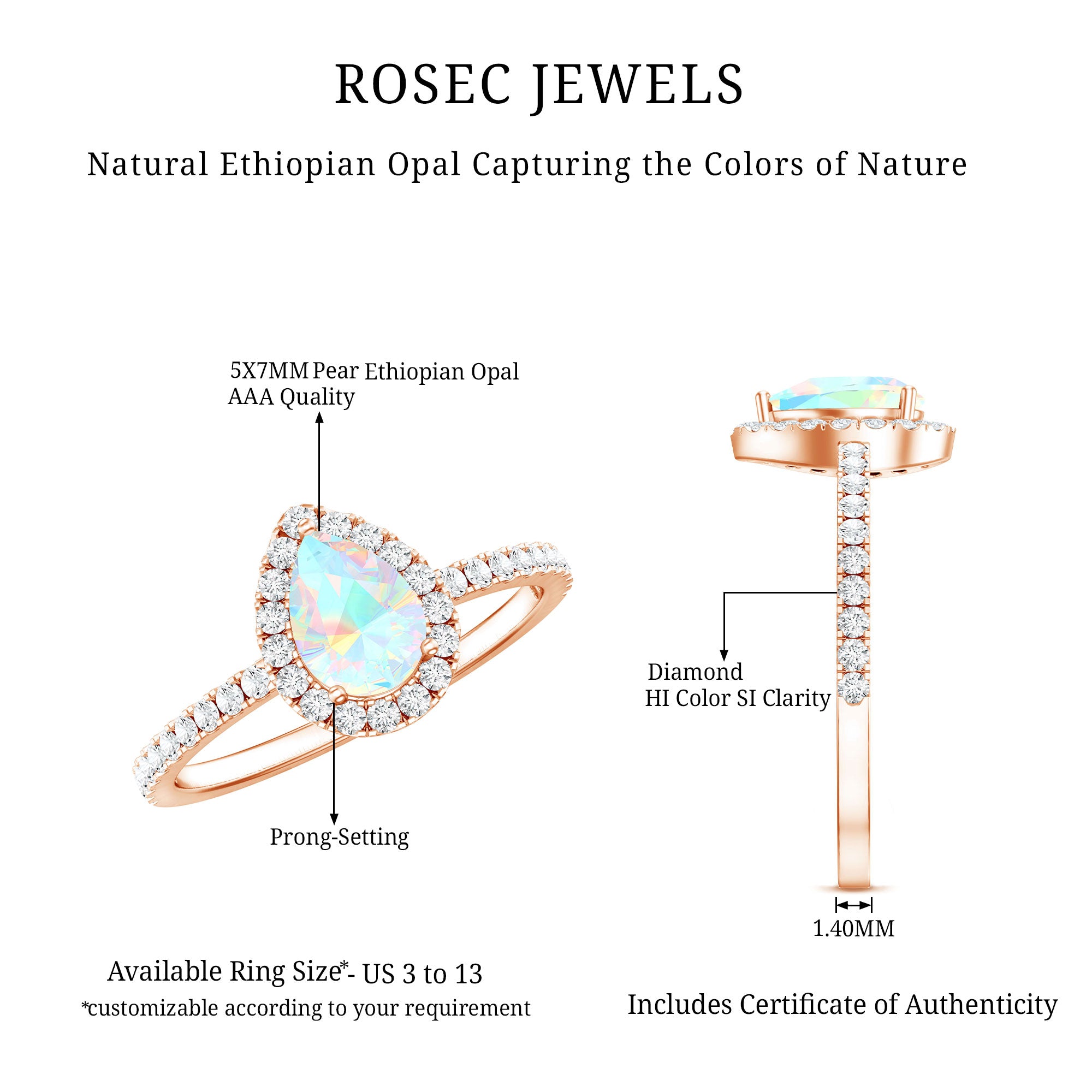 0.7 Carat Natural Ethiopian Opal Teardrop Engagement Ring with Diamond Halo AAA - Rosec Jewels