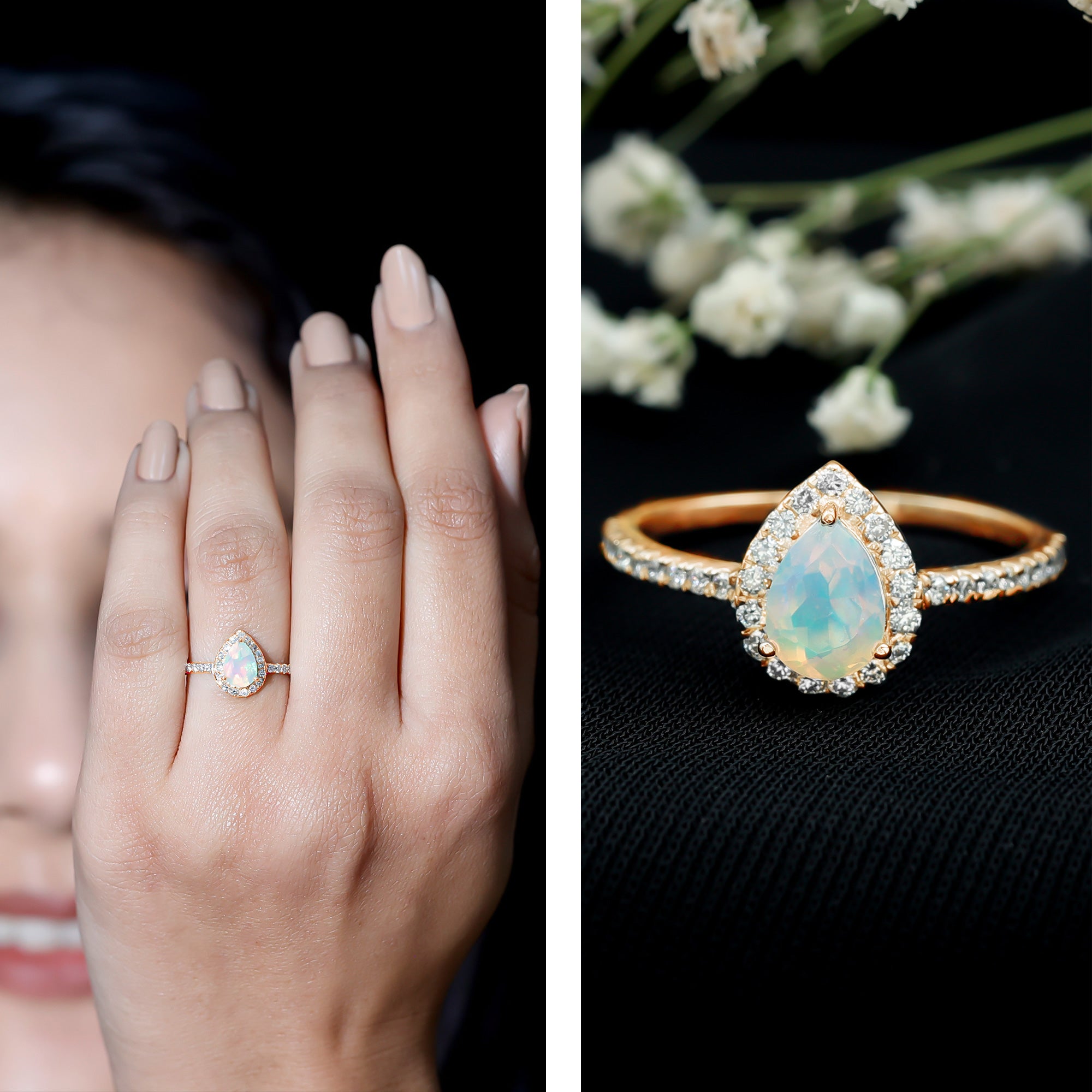 0.7 Carat Natural Ethiopian Opal Teardrop Engagement Ring with Diamond Halo AAA - Rosec Jewels