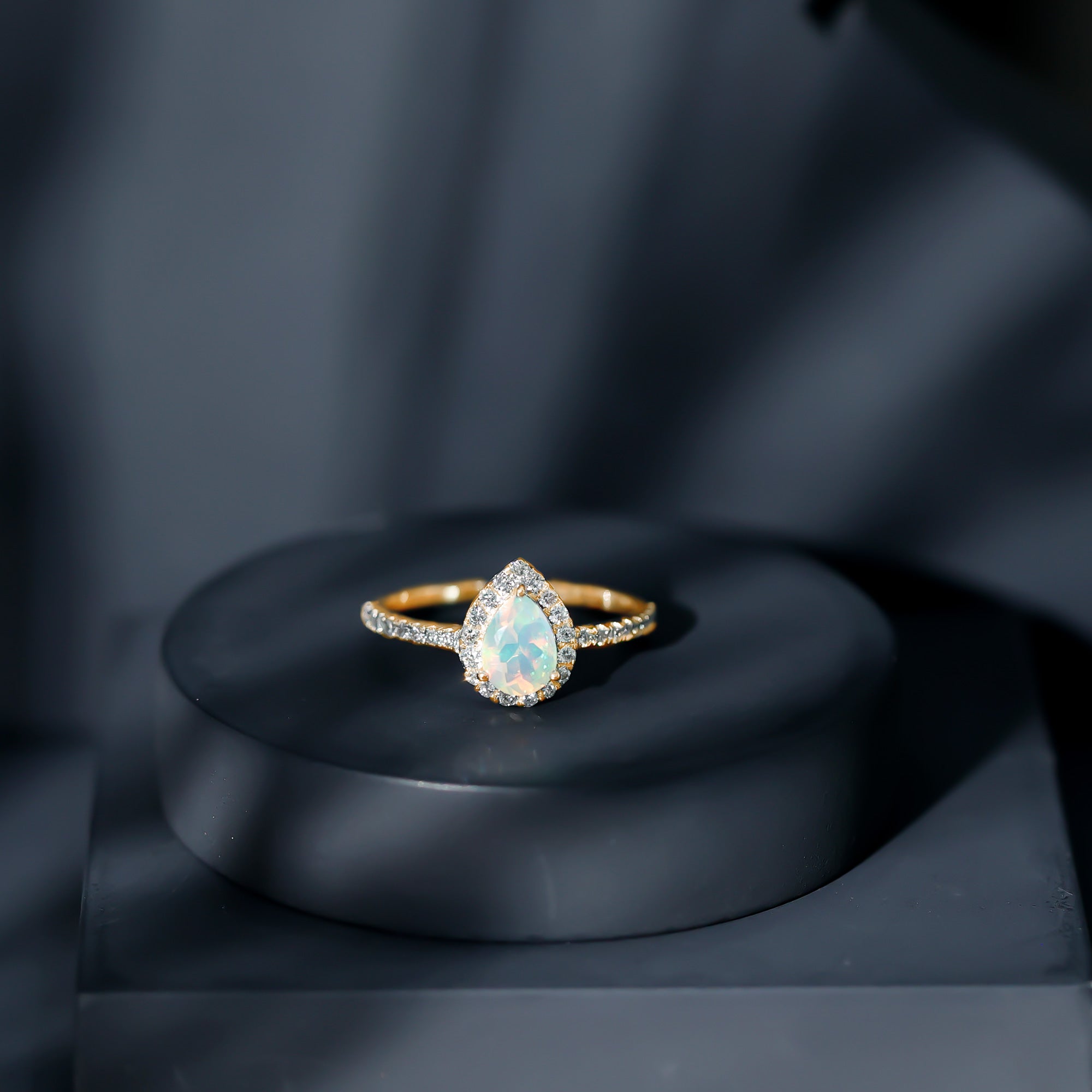 0.7 Carat Natural Ethiopian Opal Teardrop Engagement Ring with Diamond Halo AAA - Rosec Jewels