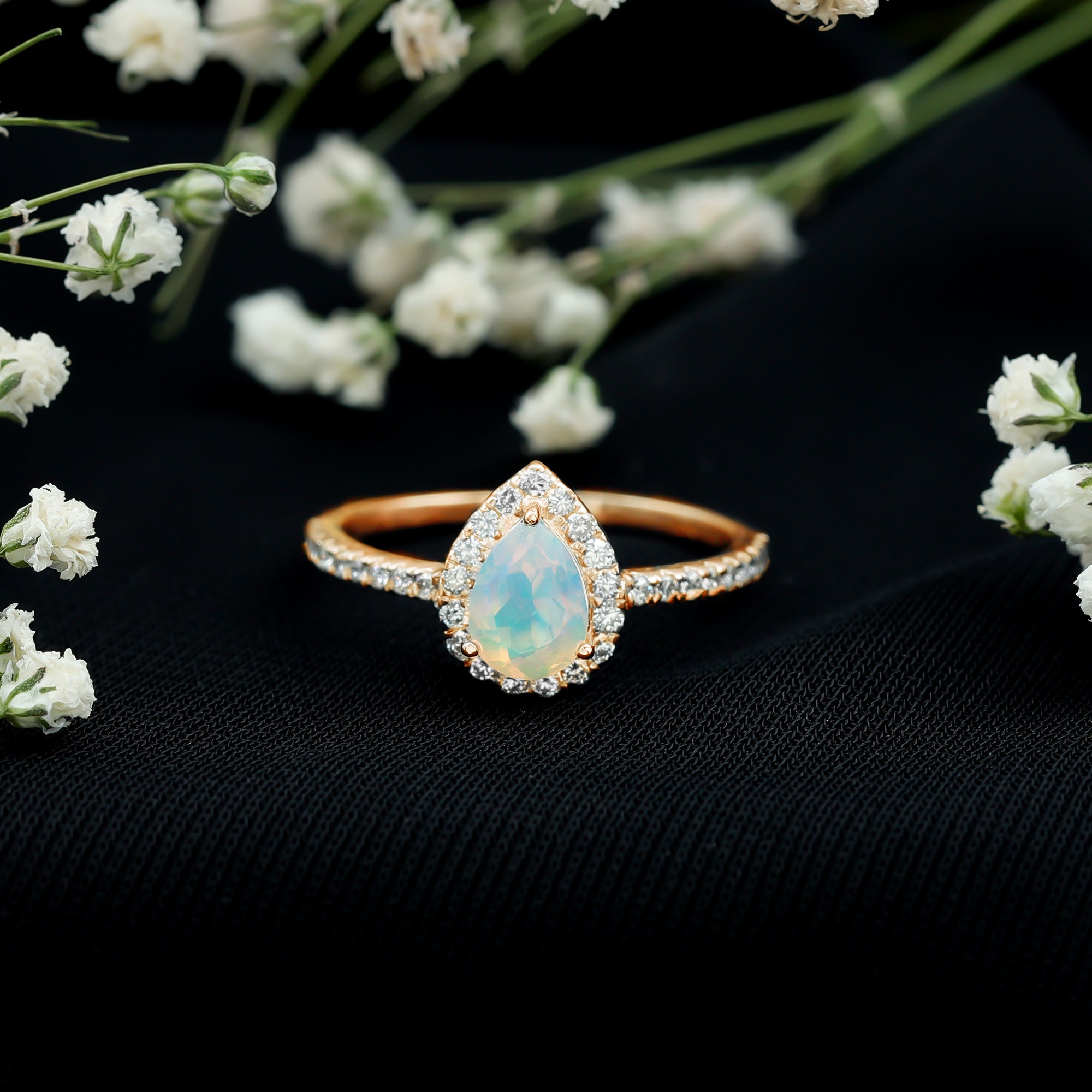 0.7 Carat Natural Ethiopian Opal Teardrop Engagement Ring with Diamond Halo AAA - Rosec Jewels