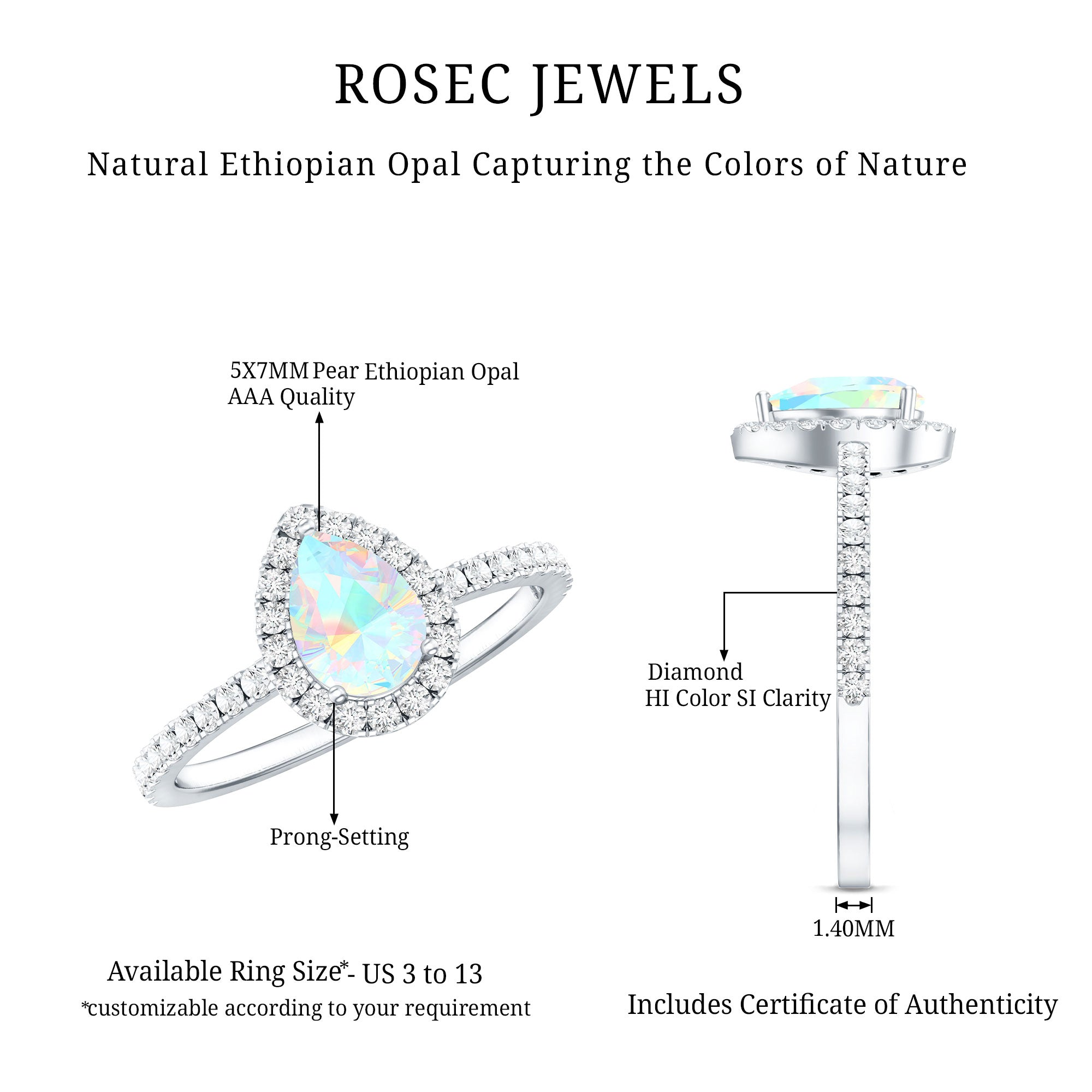 0.7 Carat Natural Ethiopian Opal Teardrop Engagement Ring with Diamond Halo AAA - Rosec Jewels