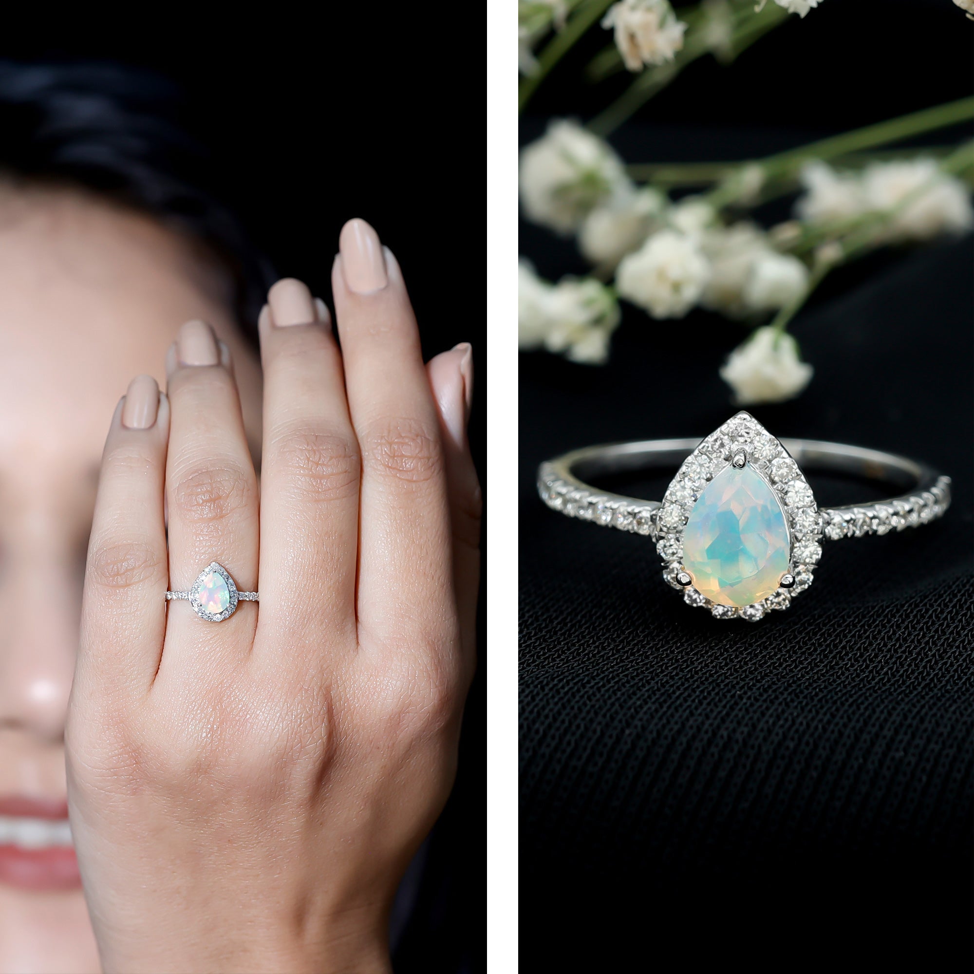 0.7 Carat Natural Ethiopian Opal Teardrop Engagement Ring with Diamond Halo AAA - Rosec Jewels
