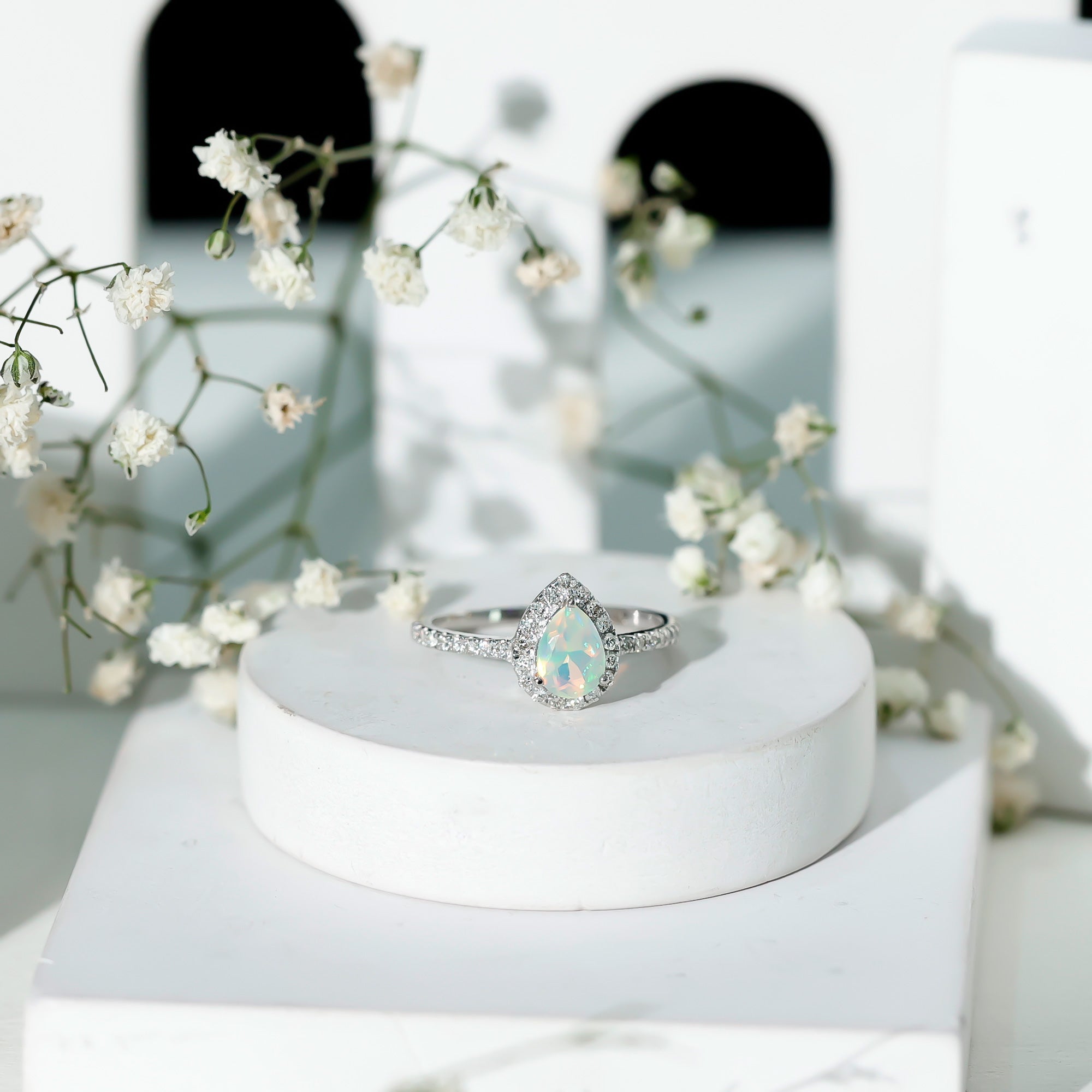 0.7 Carat Natural Ethiopian Opal Teardrop Engagement Ring with Diamond Halo AAA - Rosec Jewels