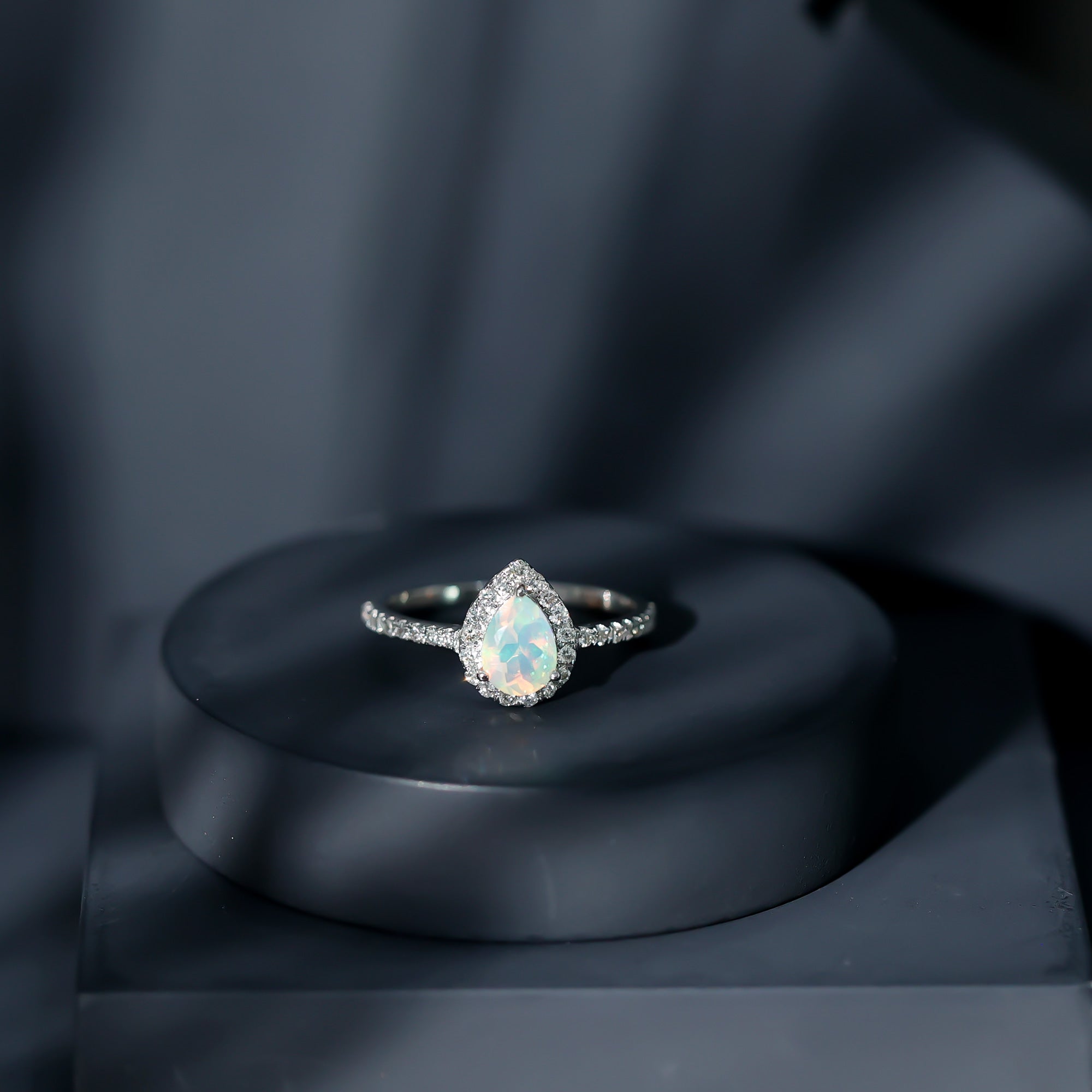 0.7 Carat Natural Ethiopian Opal Teardrop Engagement Ring with Diamond Halo AAA - Rosec Jewels