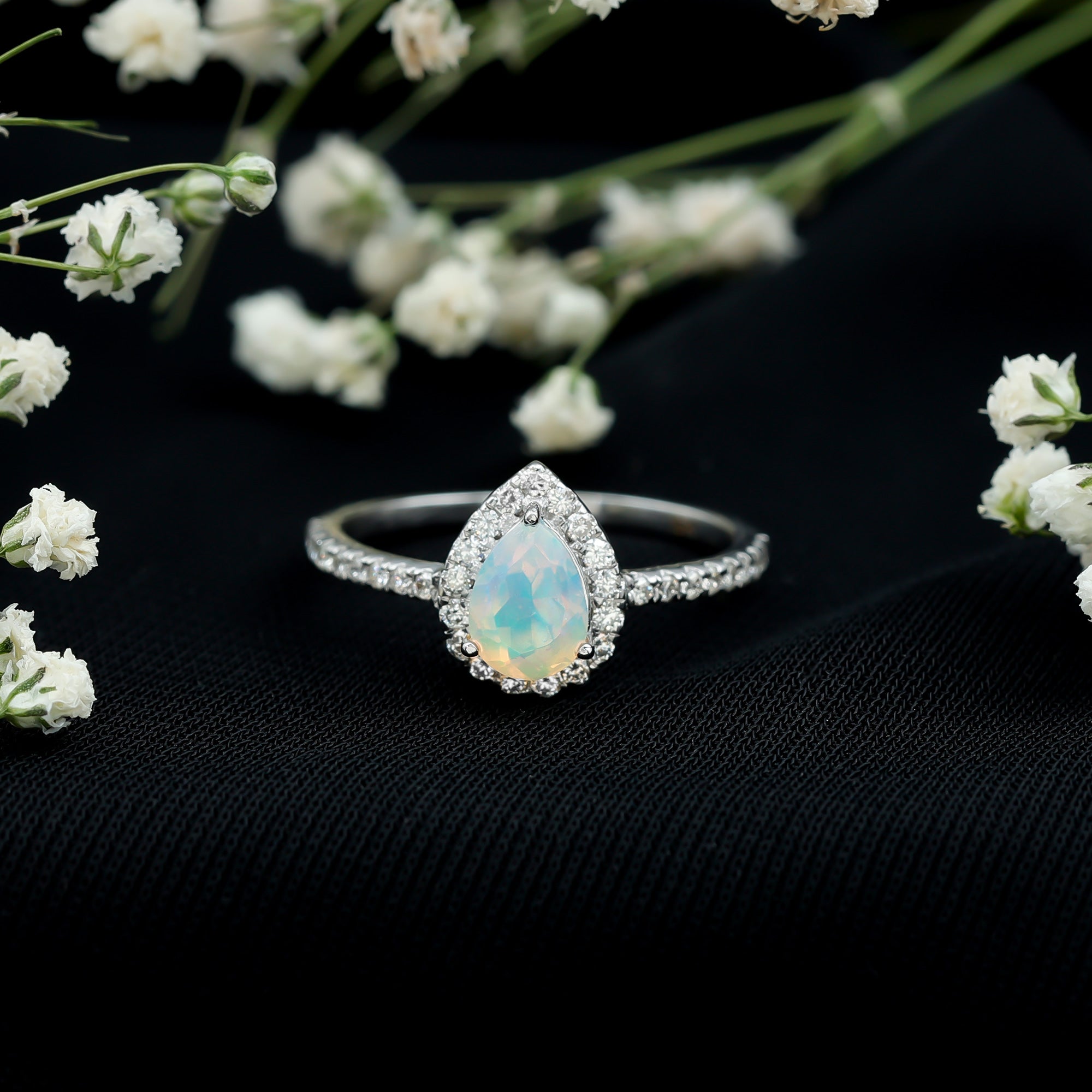 0.7 Carat Natural Ethiopian Opal Teardrop Engagement Ring with Diamond Halo AAA - Rosec Jewels