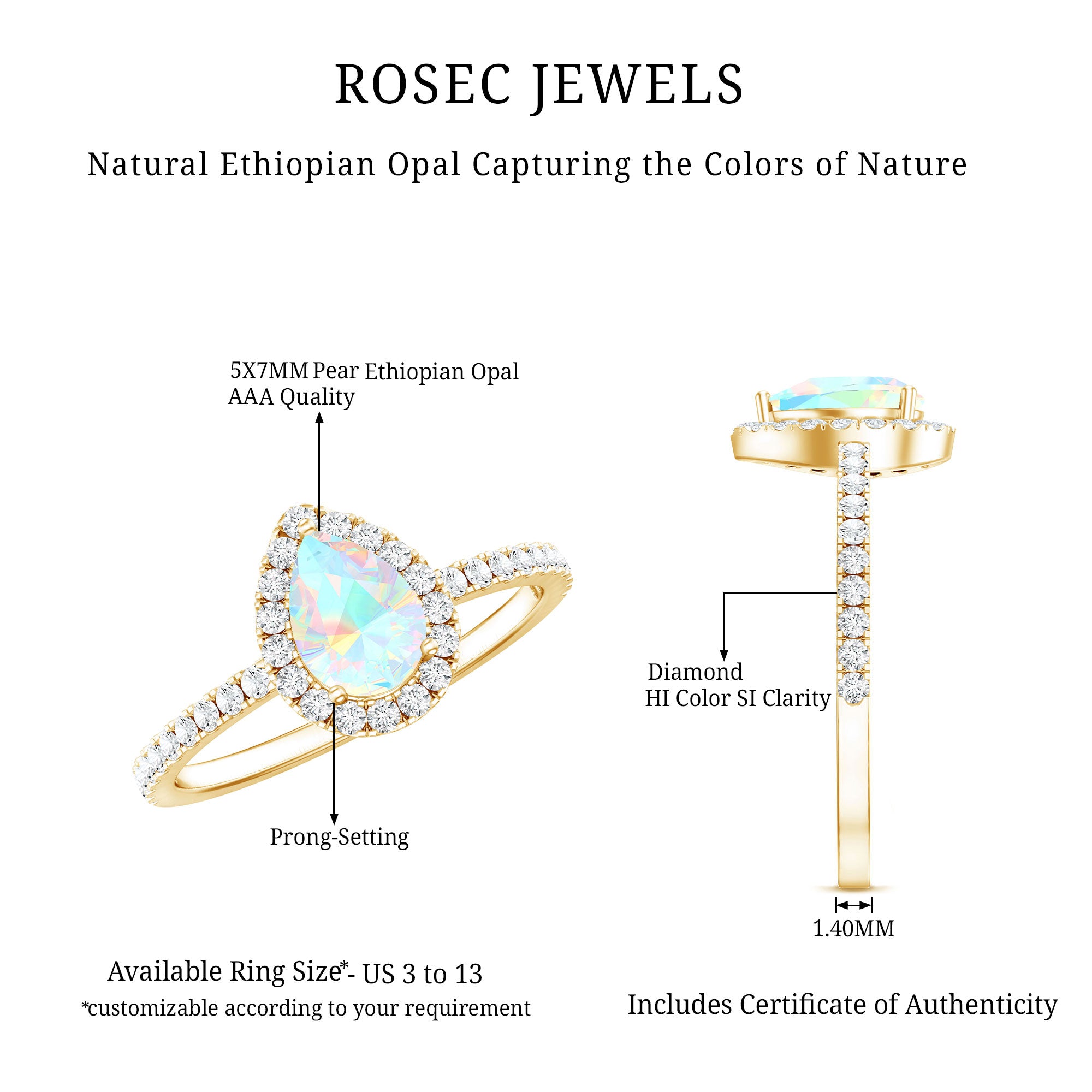 0.7 Carat Natural Ethiopian Opal Teardrop Engagement Ring with Diamond Halo AAA - Rosec Jewels