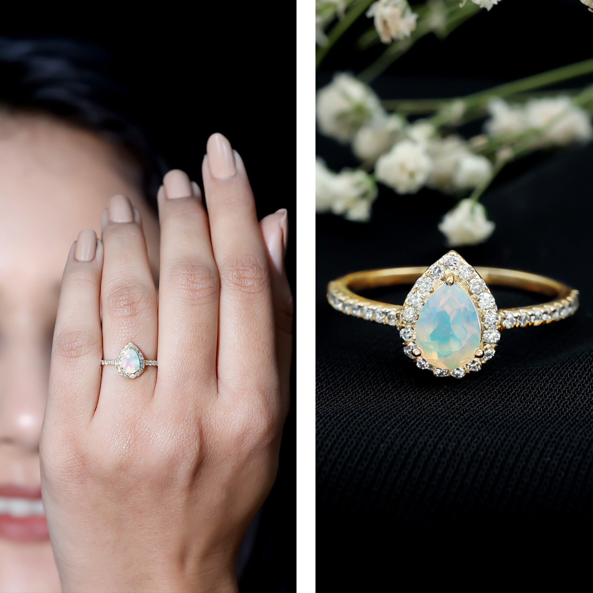 0.7 Carat Natural Ethiopian Opal Teardrop Engagement Ring with Diamond Halo AAA - Rosec Jewels