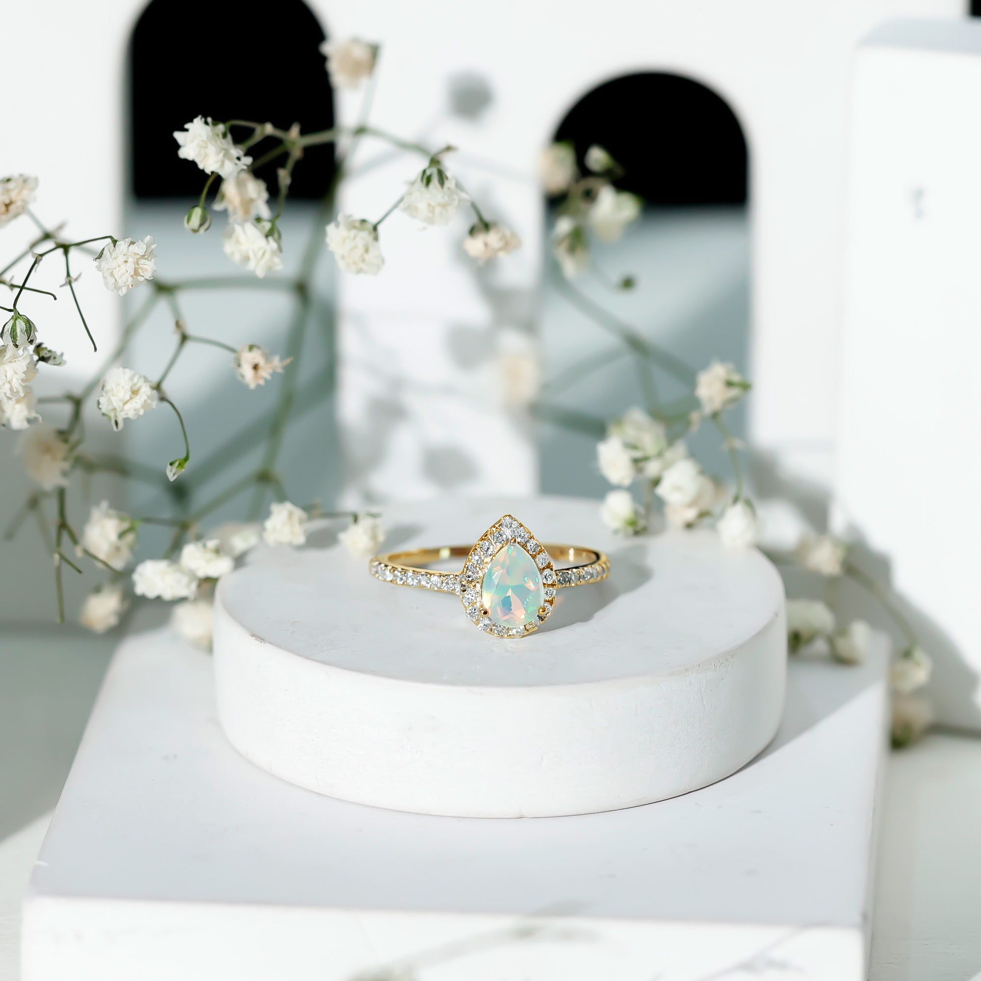 0.7 Carat Natural Ethiopian Opal Teardrop Engagement Ring with Diamond Halo AAA - Rosec Jewels
