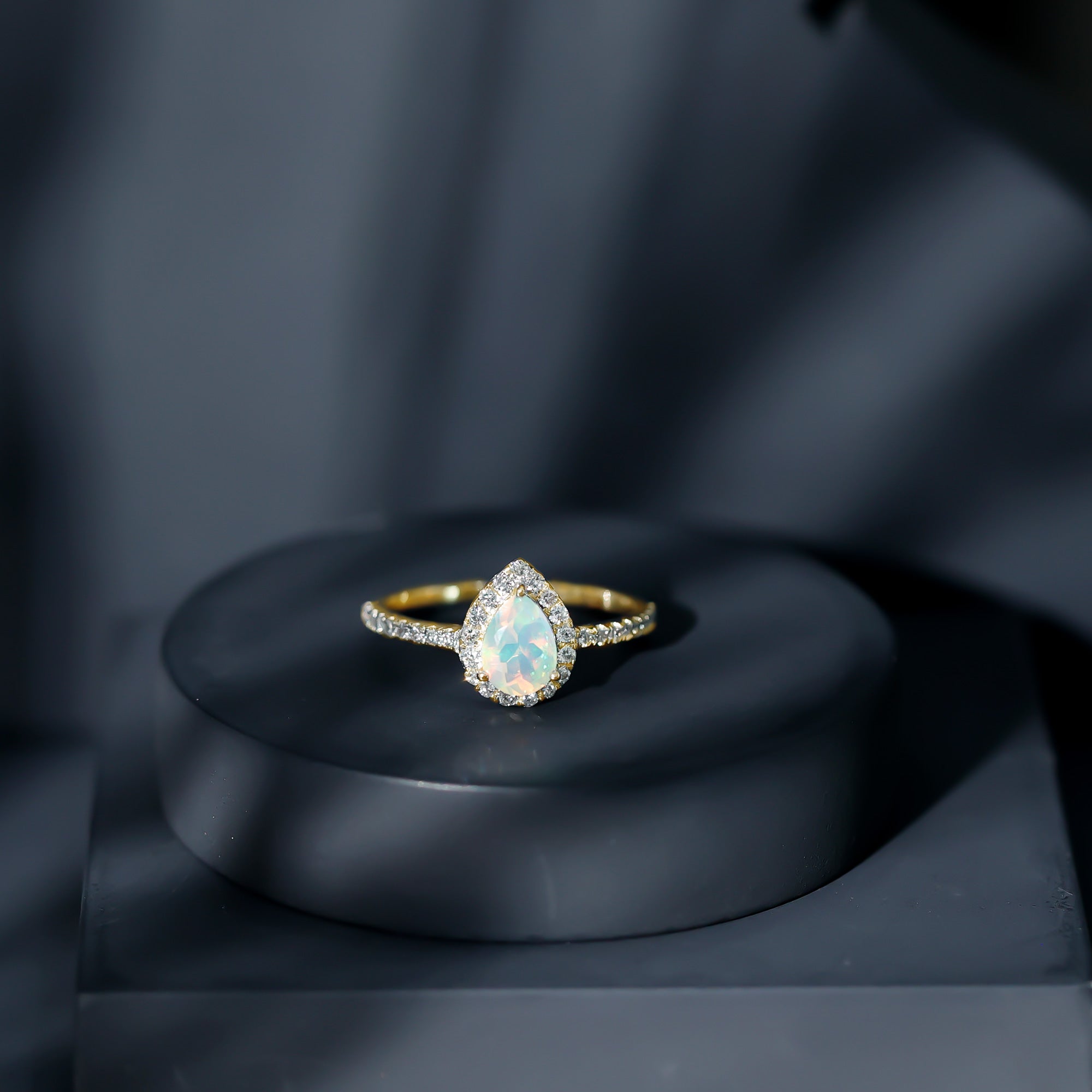 0.7 Carat Natural Ethiopian Opal Teardrop Engagement Ring with Diamond Halo AAA - Rosec Jewels