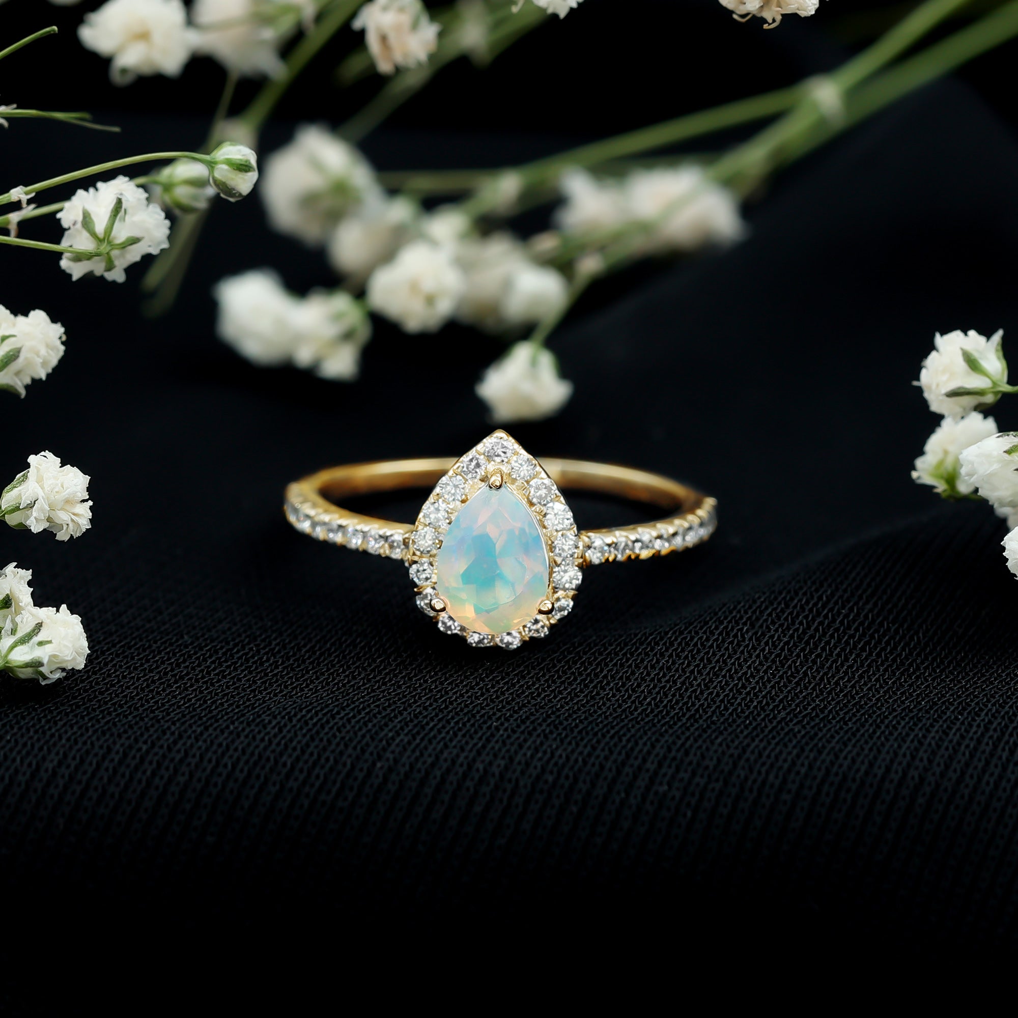 0.7 Carat Natural Ethiopian Opal Teardrop Engagement Ring with Diamond Halo AAA - Rosec Jewels