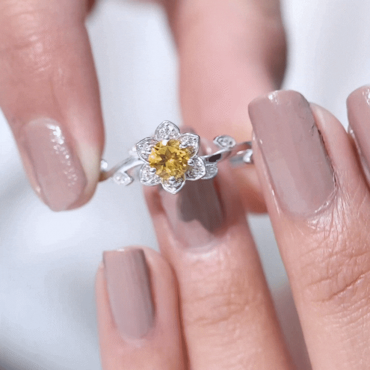 Natural Citrine Flower Engagement Ring with Diamond AAA - Rosec Jewels